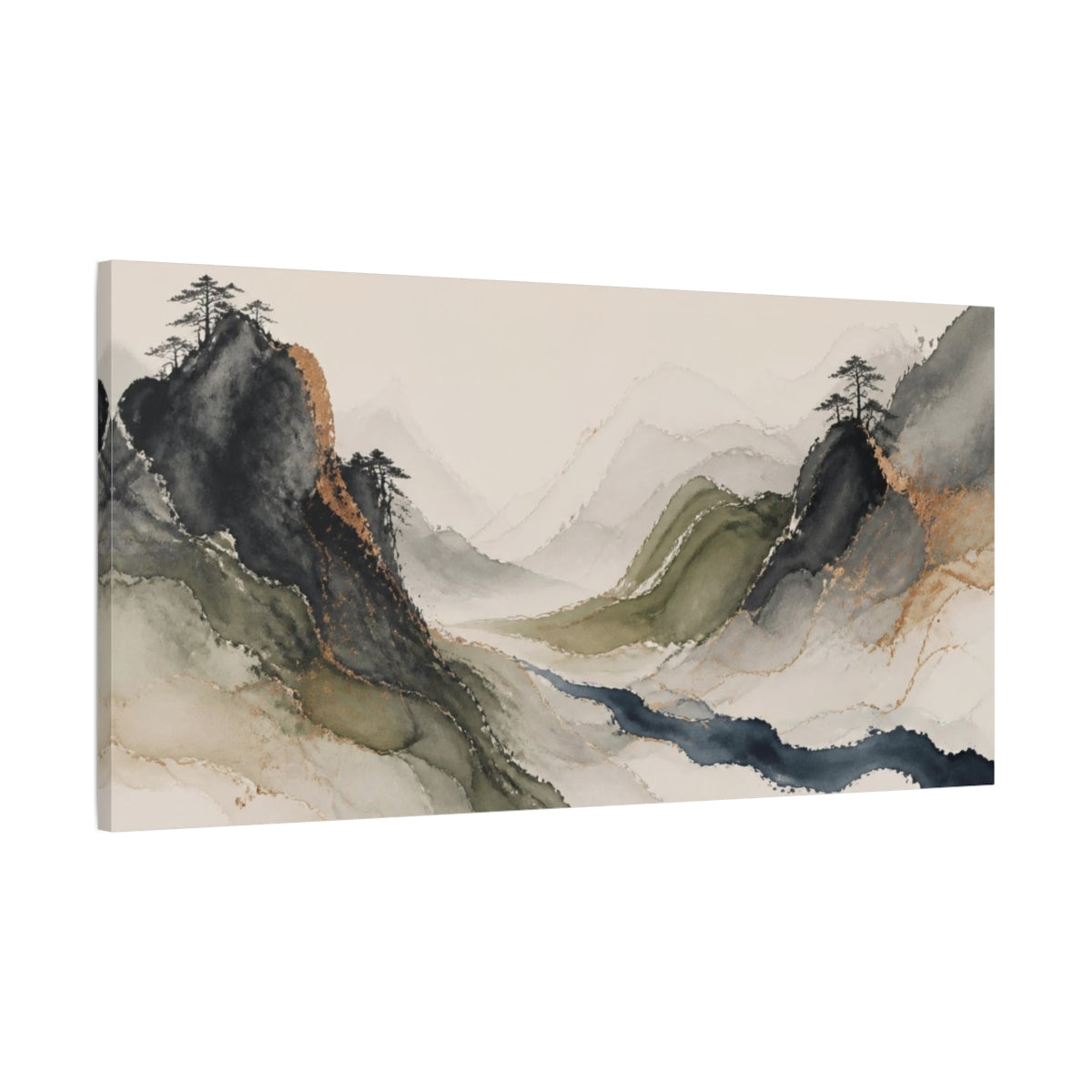 Main Mockup. Moss Mountains Indigo Stream shown as canvas print