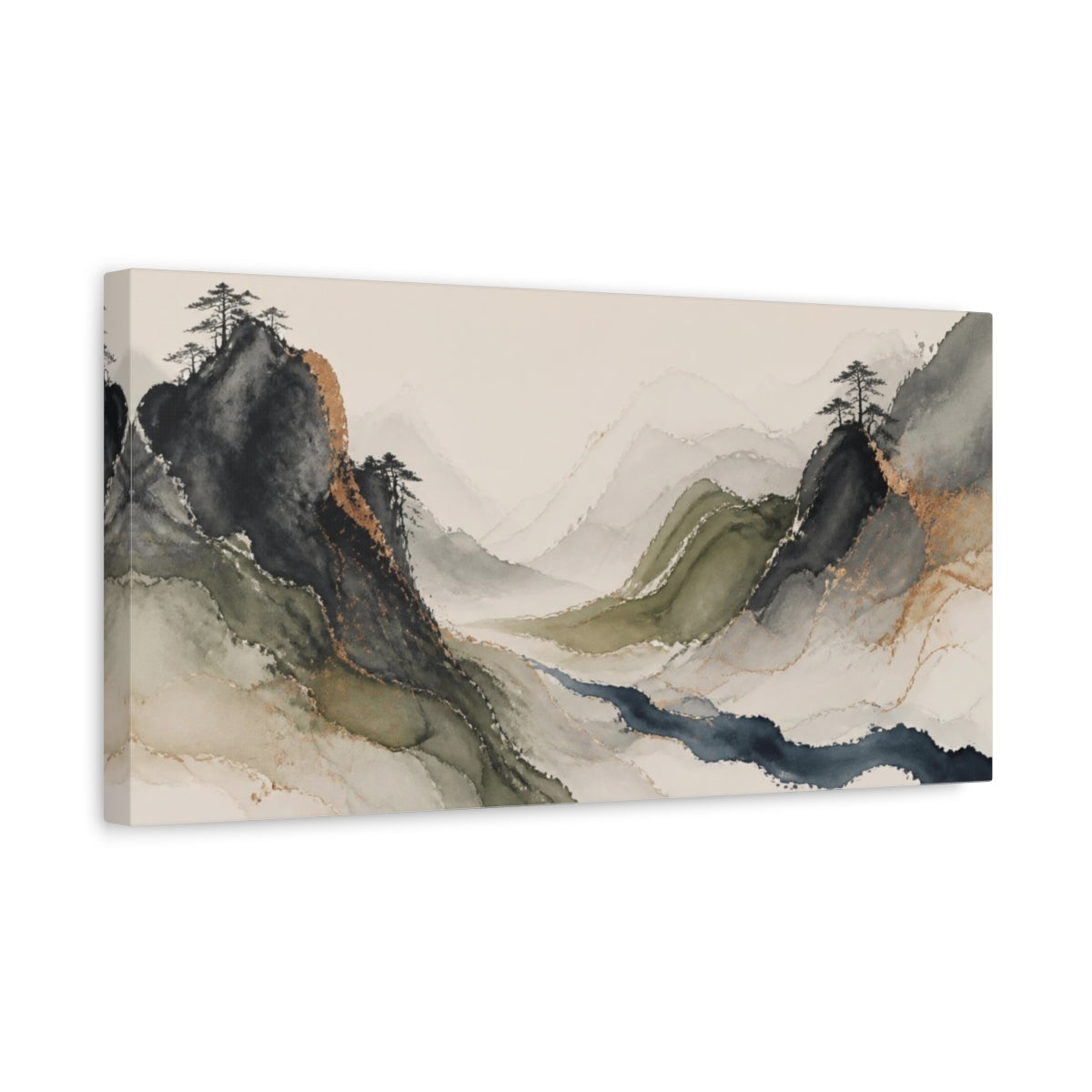 Side Mockup 3. Moss Mountains Indigo Stream shown as canvas print