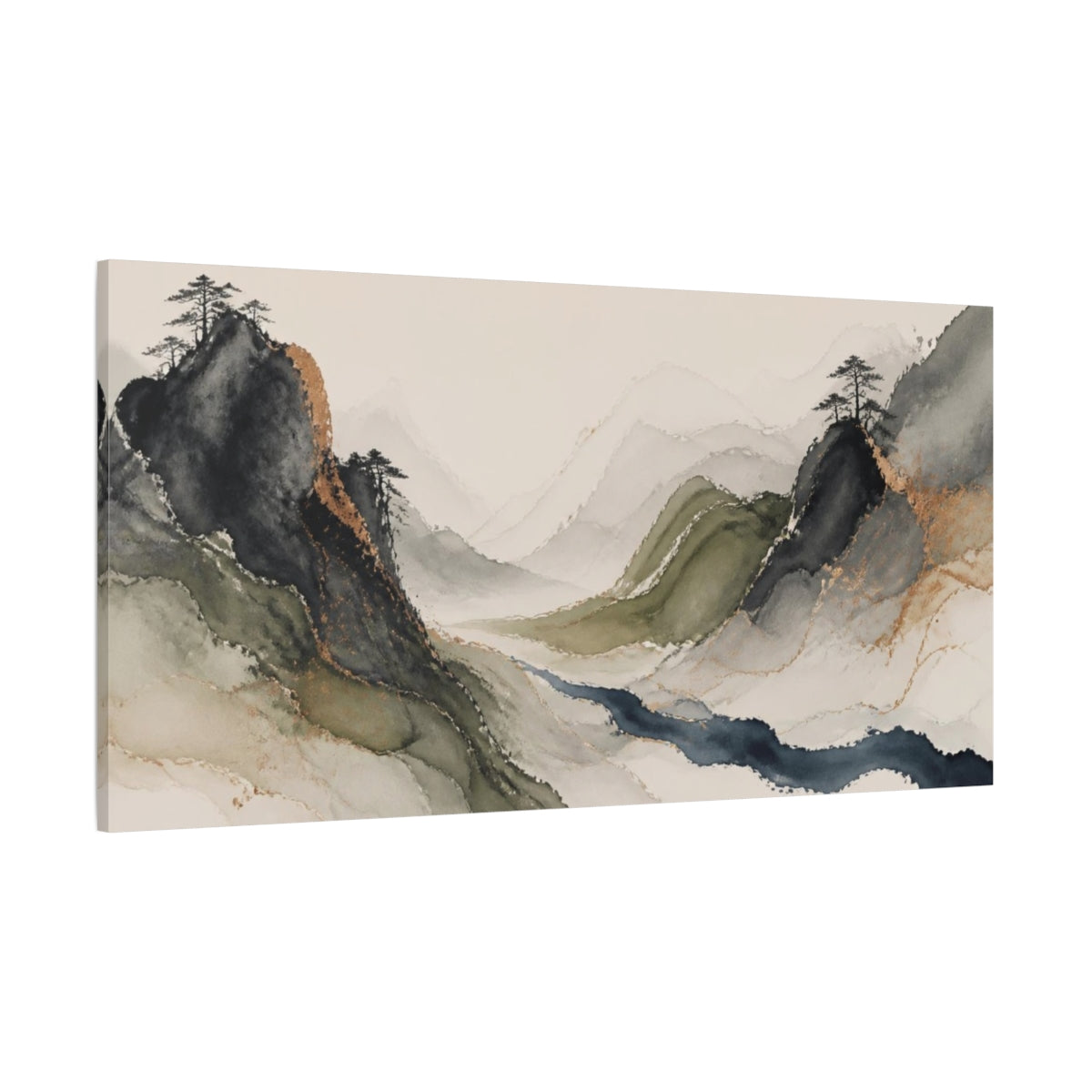 Side Mockup 2. Moss Mountains Indigo Stream shown as canvas print