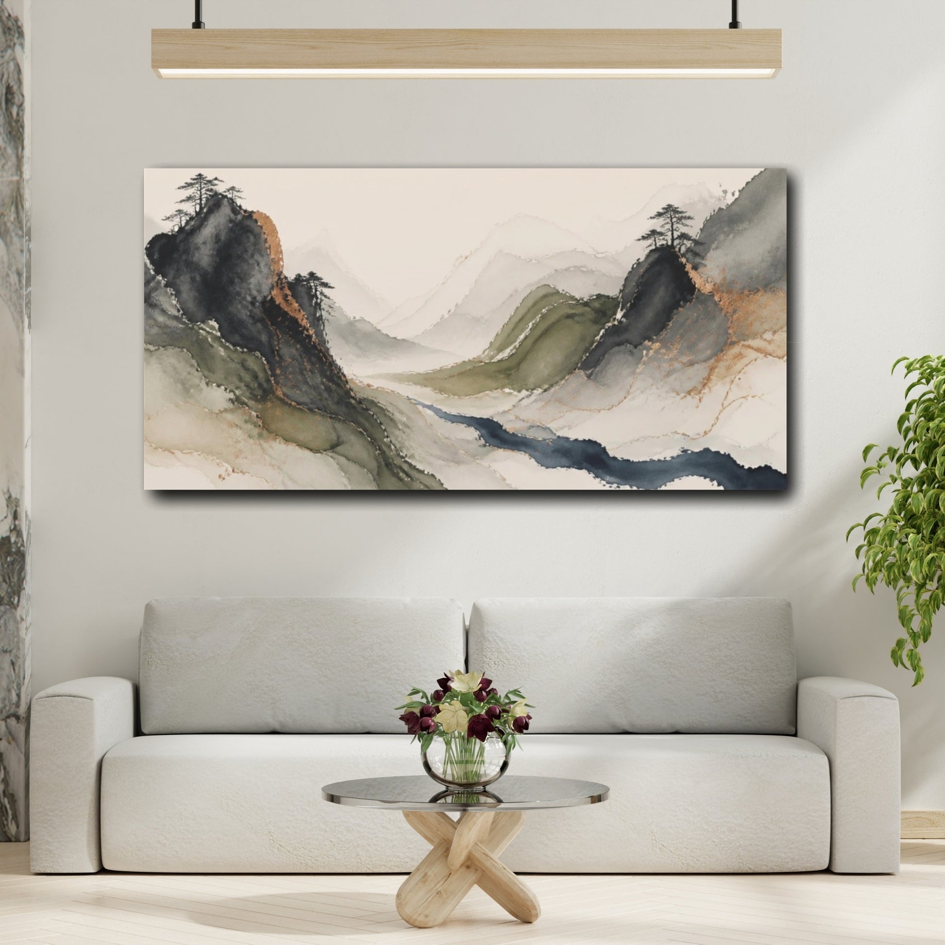 Mockup 2. Moss Mountains Indigo Stream shown as canvas print