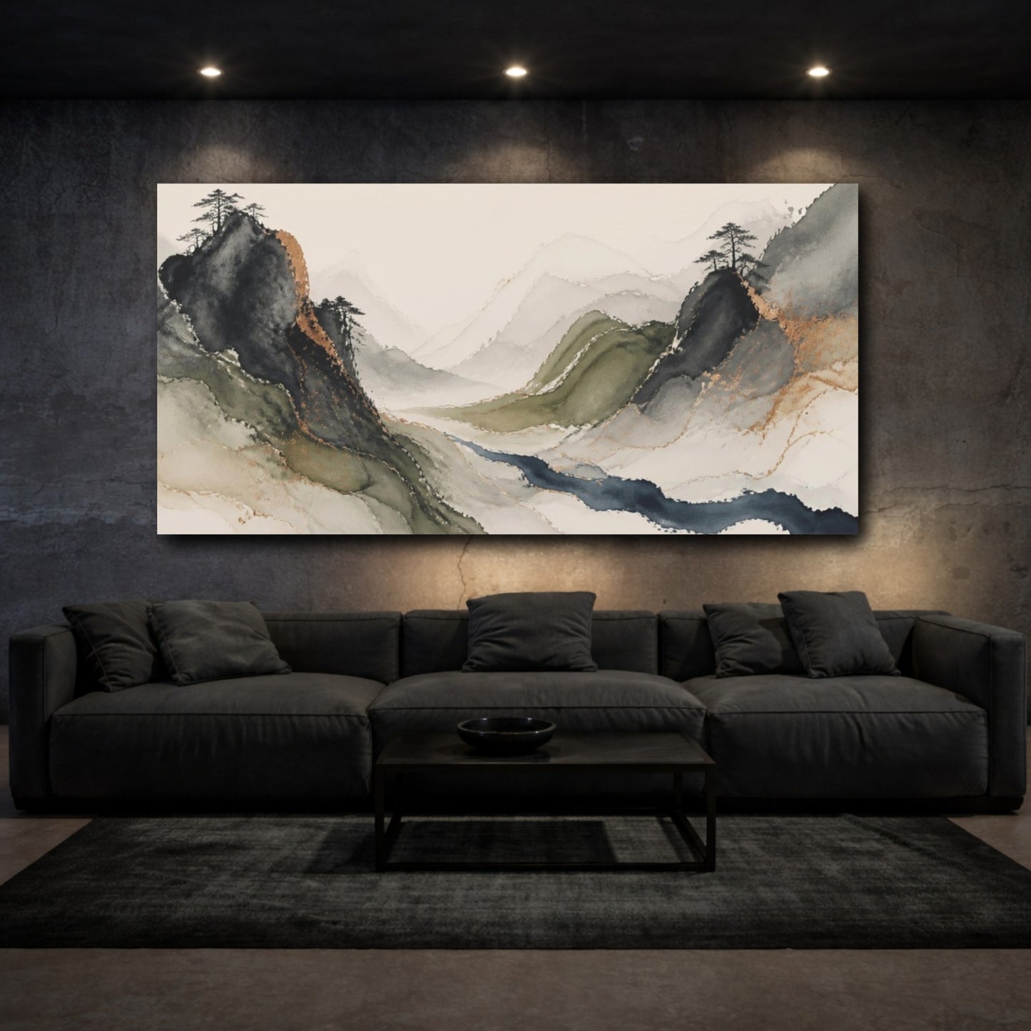 Mockup 3. Moss Mountains Indigo Stream shown as canvas print