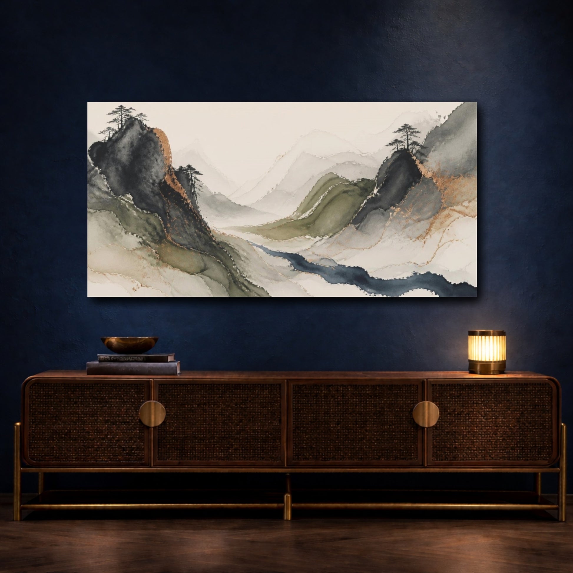 Mockup 4. Moss Mountains Indigo Stream shown as canvas print