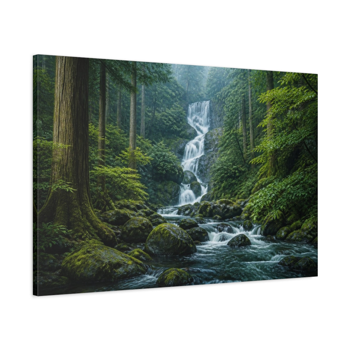 Main Mockup. Mossy Cedar Forest Waterfall shown as canvas print