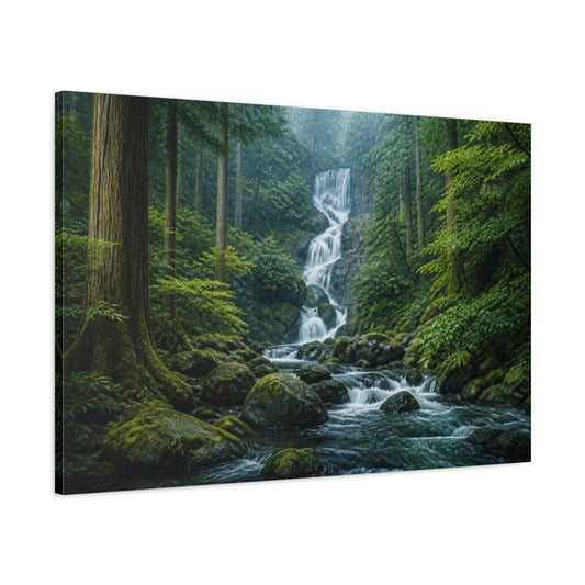 Main Mockup. Mossy Cedar Forest Waterfall shown as canvas print