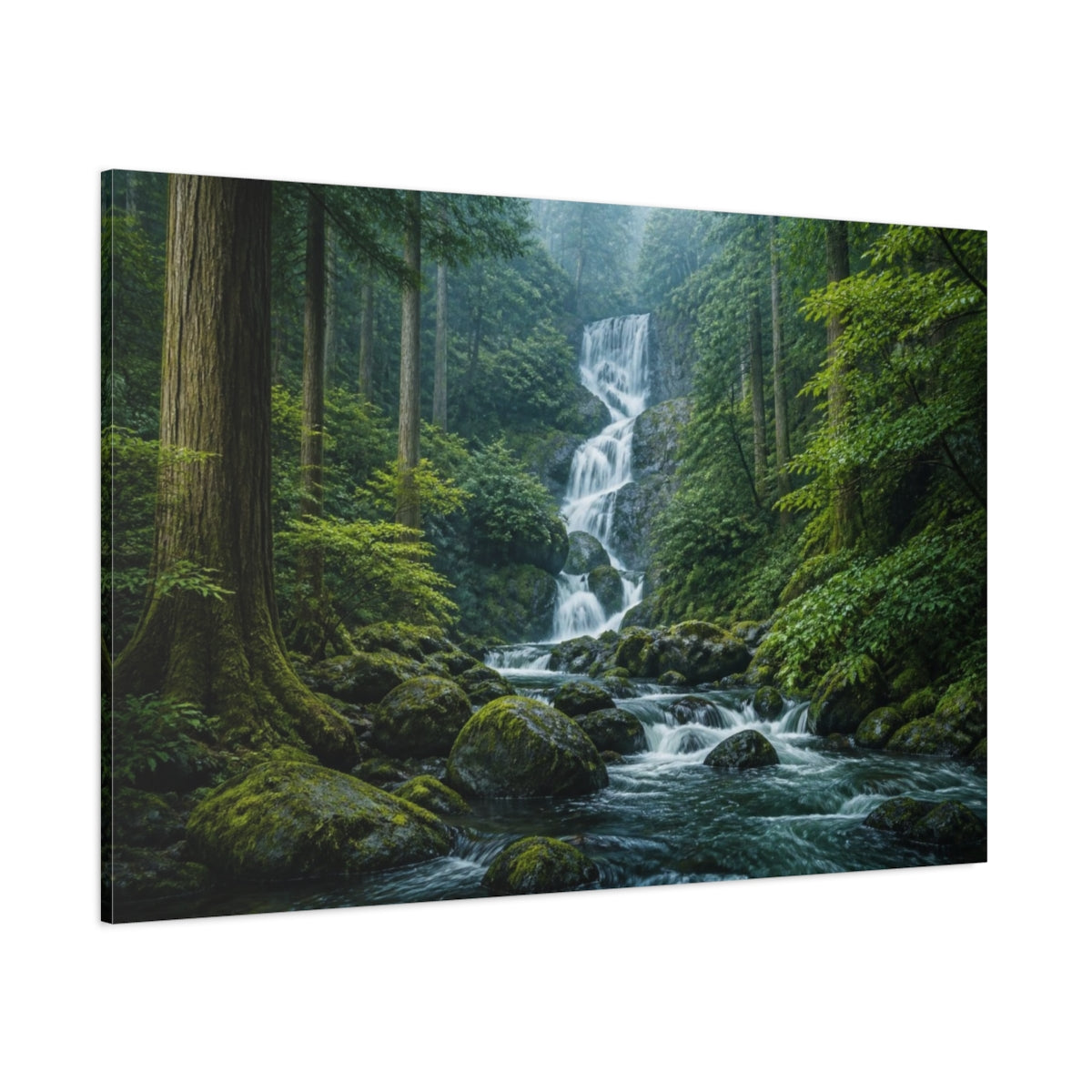 Side Mockup 1. Mossy Cedar Forest Waterfall shown as canvas print