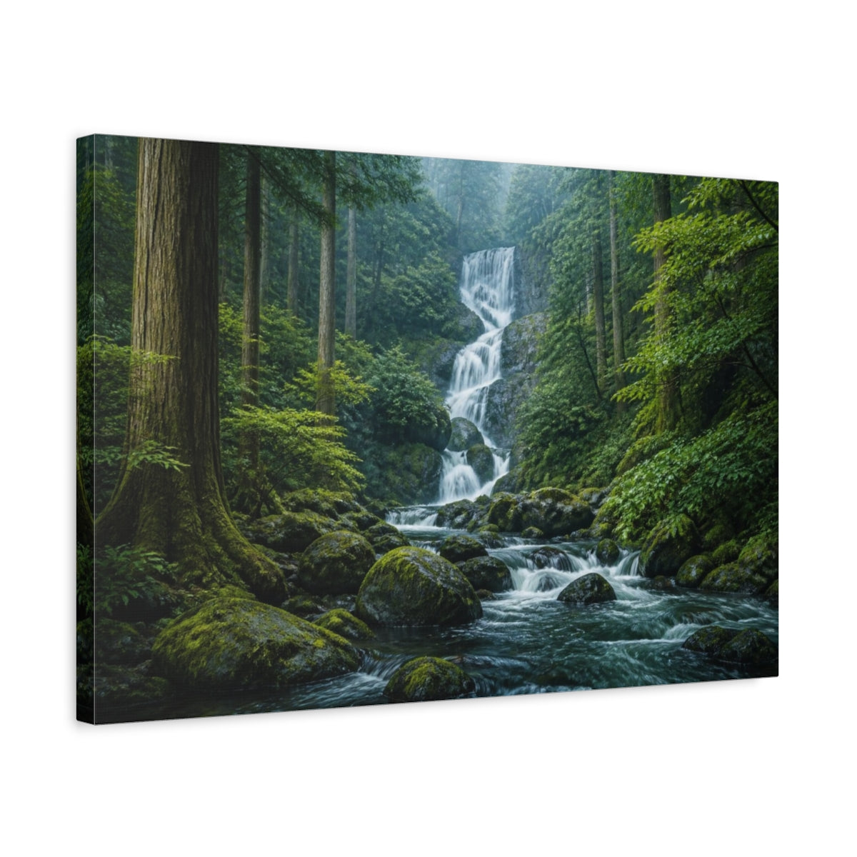 Side Mockup 3. Mossy Cedar Forest Waterfall shown as canvas print