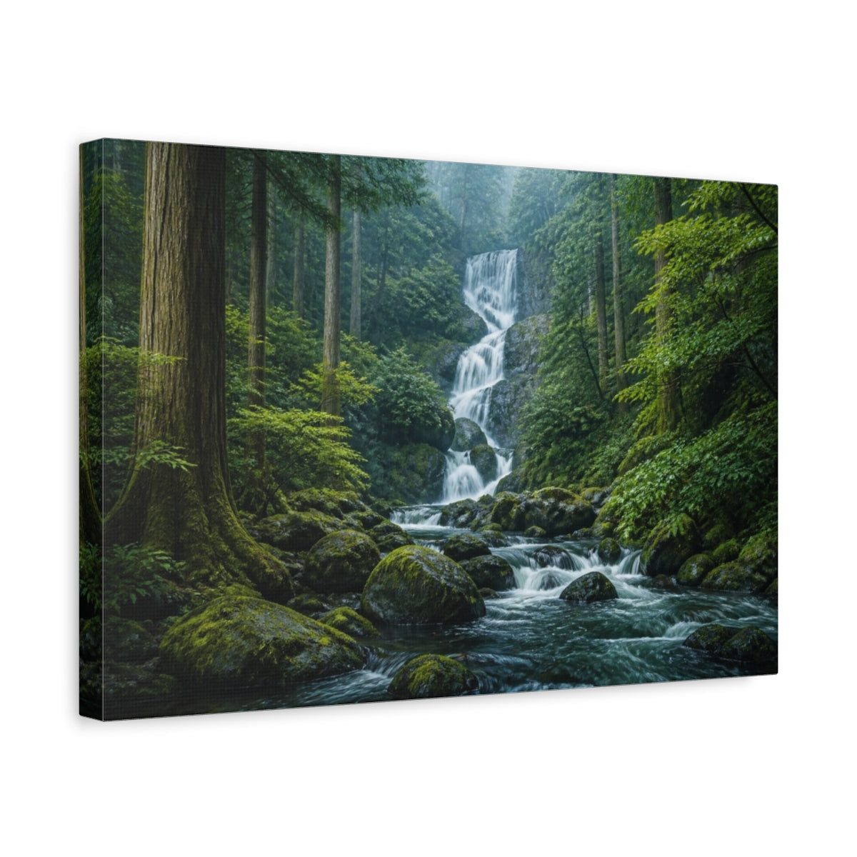 Side Mockup 4. Mossy Cedar Forest Waterfall shown as canvas print