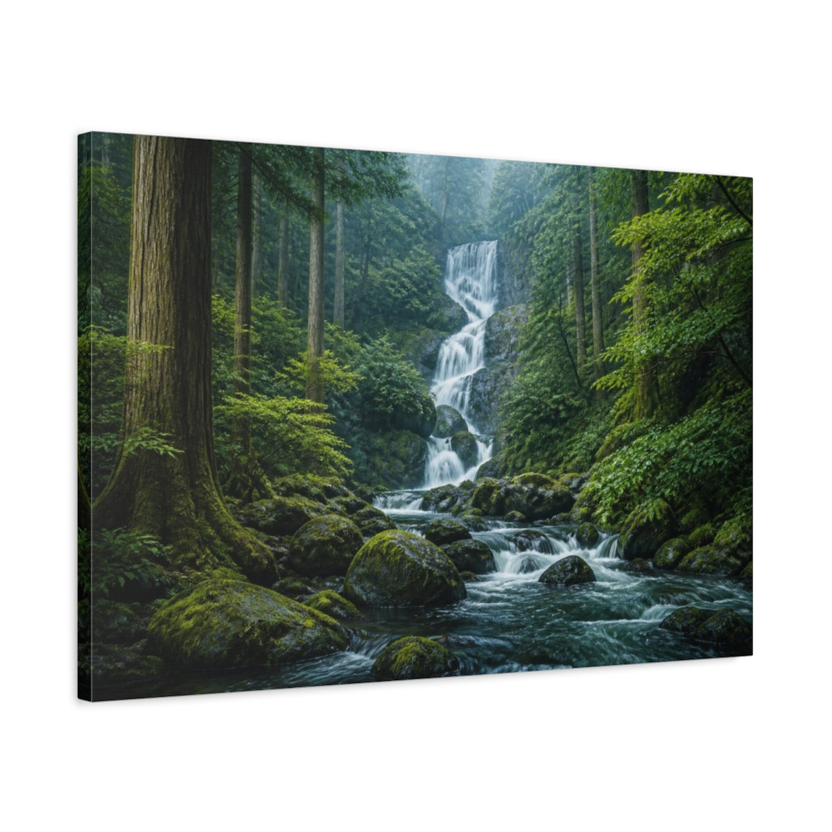 Side Mockup 2. Mossy Cedar Forest Waterfall shown as canvas print