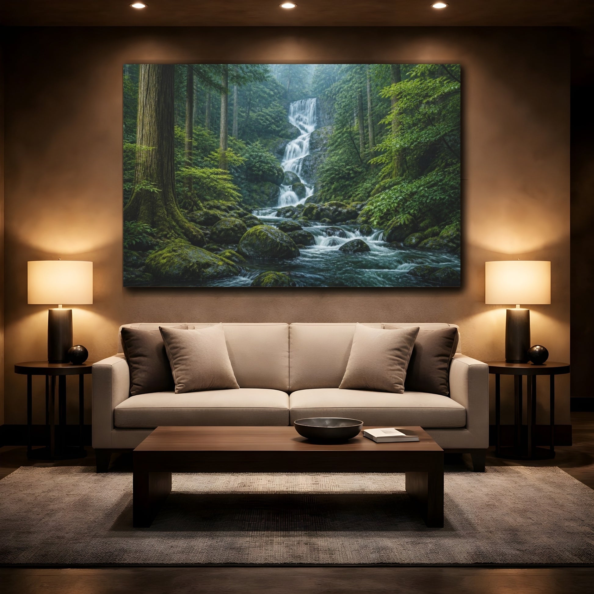 Mockup 2. Mossy Cedar Forest Waterfall shown as canvas print
