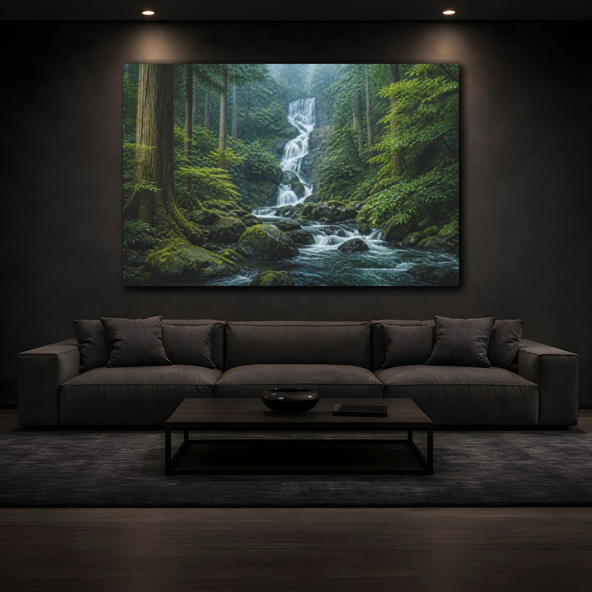 Mockup 3. Mossy Cedar Forest Waterfall shown as canvas print
