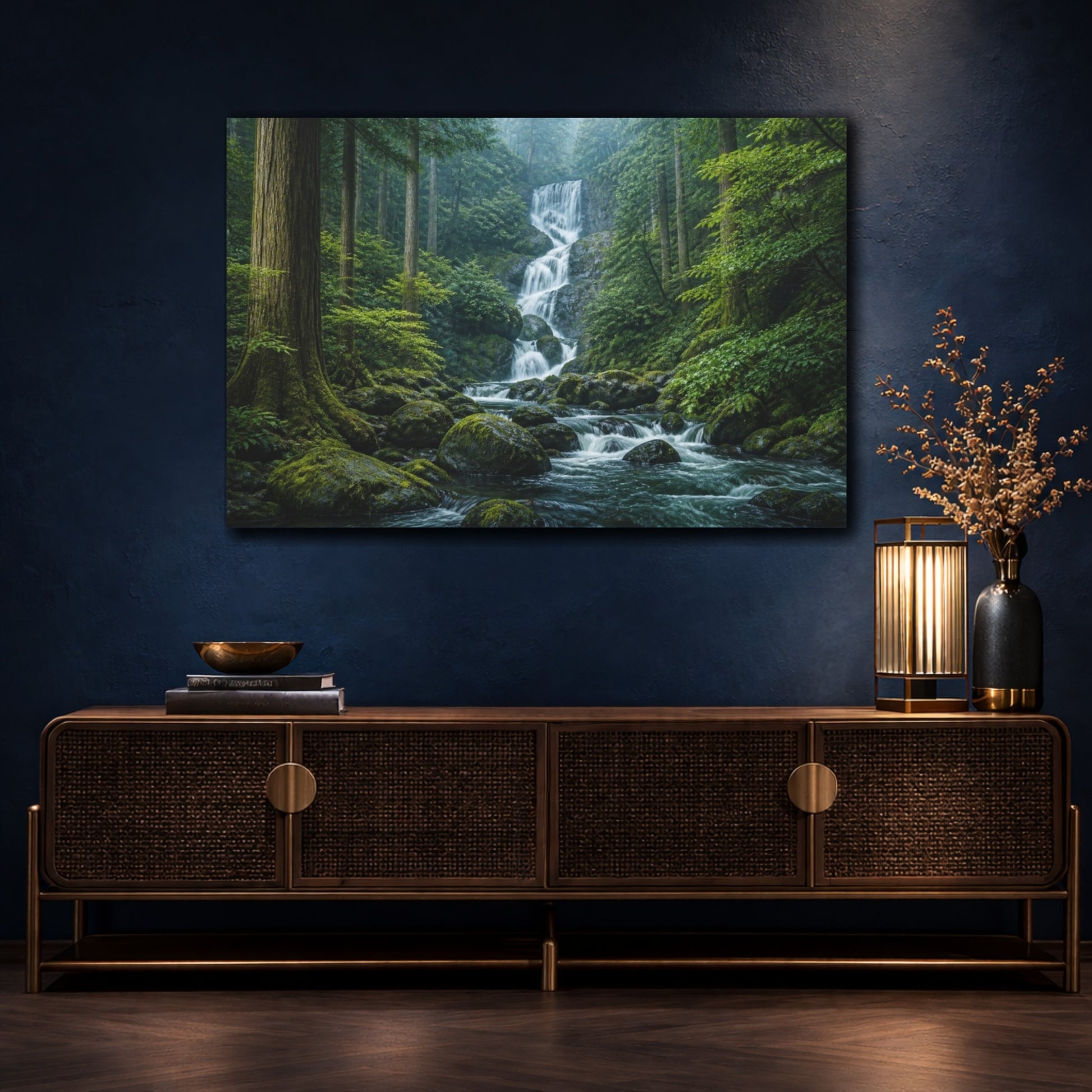 Mockup 4. Mossy Cedar Forest Waterfall shown as canvas print