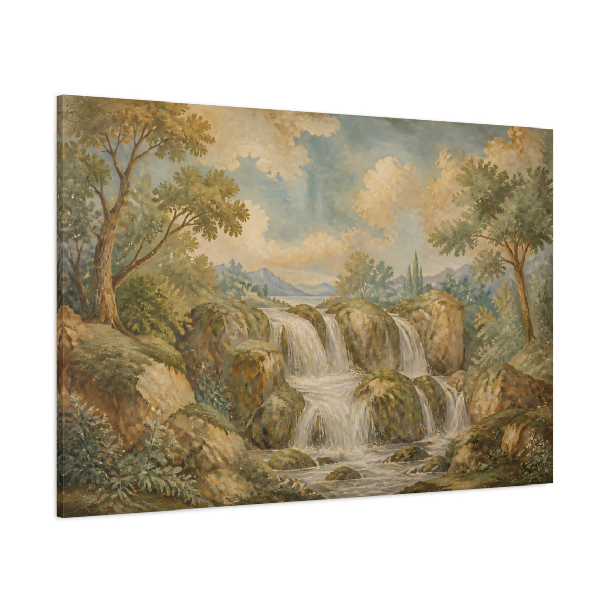 Side Mockup 1. Mossy Rock Waterfall shown as canvas print