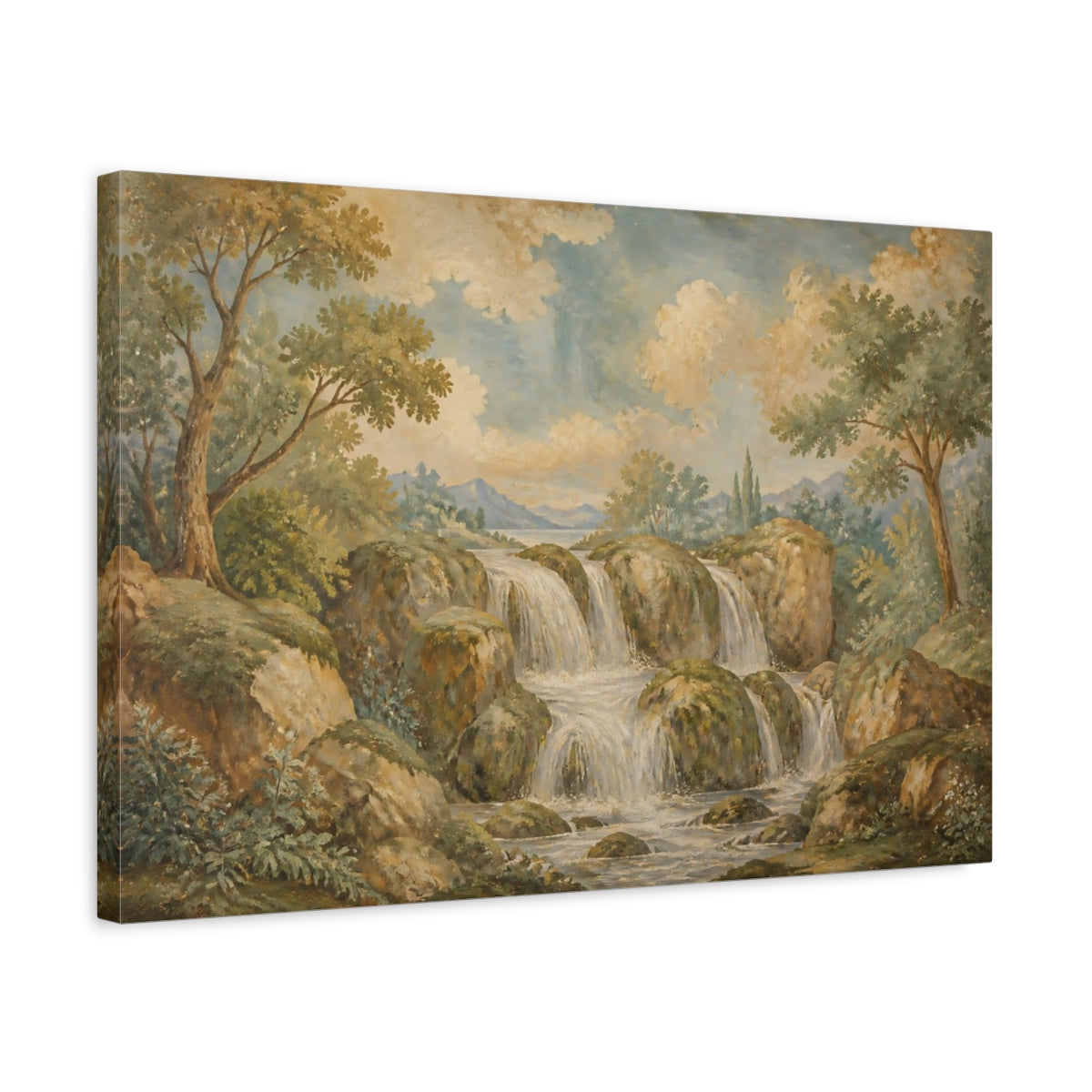 Side Mockup 3. Mossy Rock Waterfall shown as canvas print