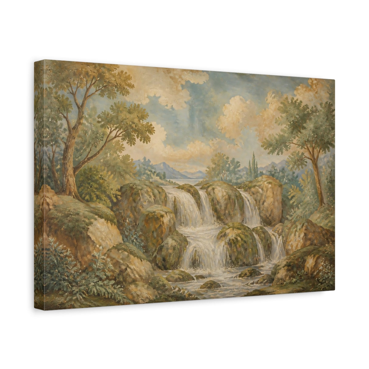 Side Mockup 4. Mossy Rock Waterfall shown as canvas print