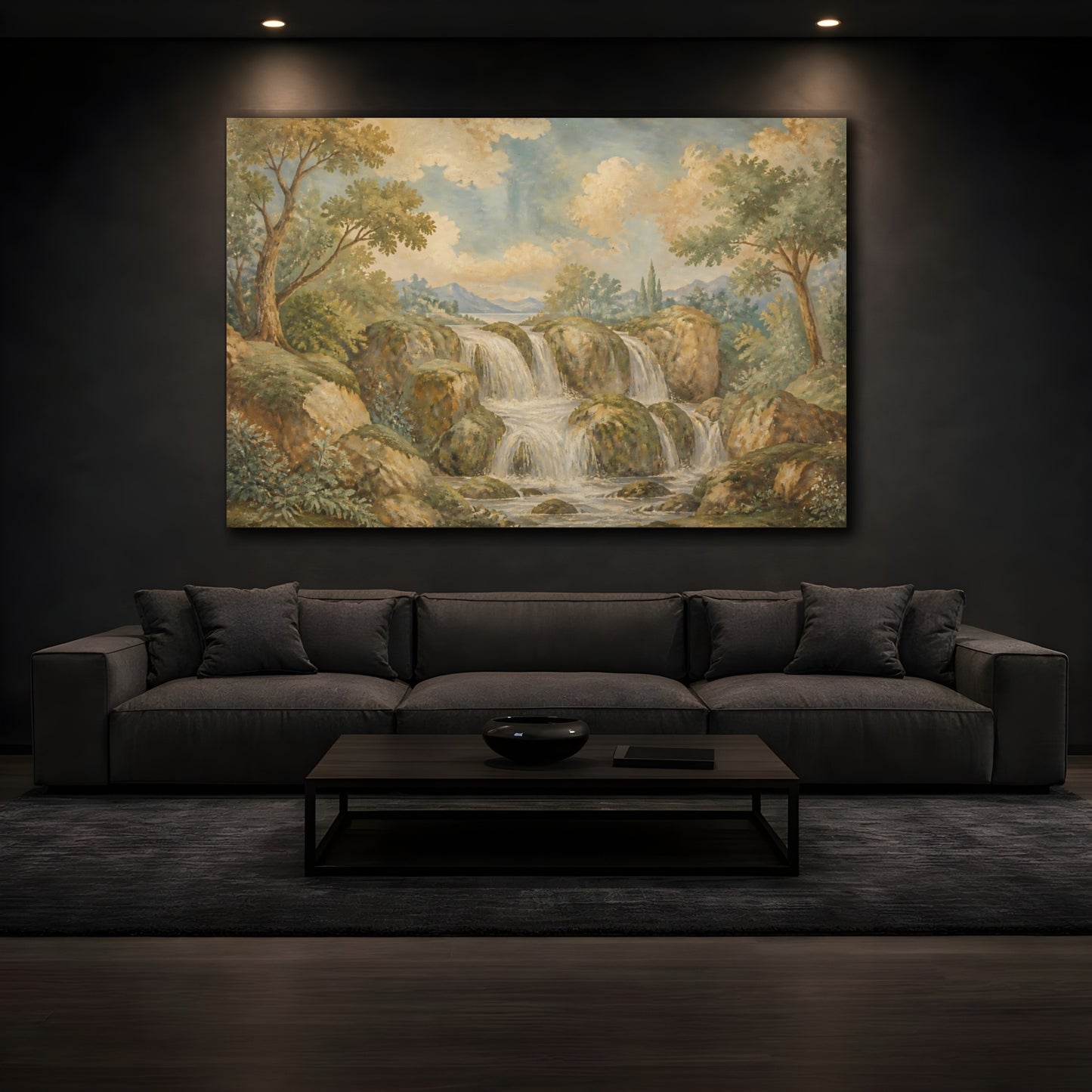 Mockup 3. Mossy Rock Waterfall shown as canvas print