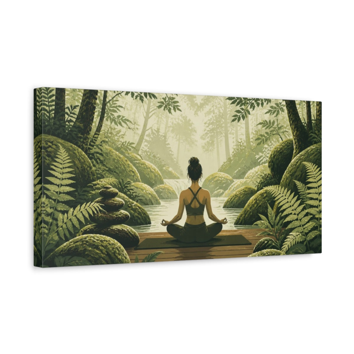 Side Mockup 3. Mossy Stream Yoga shown as canvas print