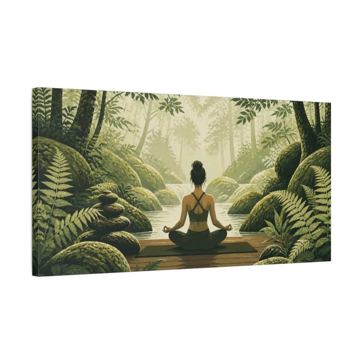Side Mockup 1. Mossy Stream Yoga shown as canvas print