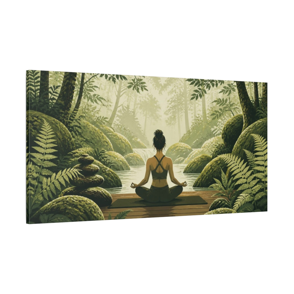 Side Mockup 2. Mossy Stream Yoga shown as canvas print