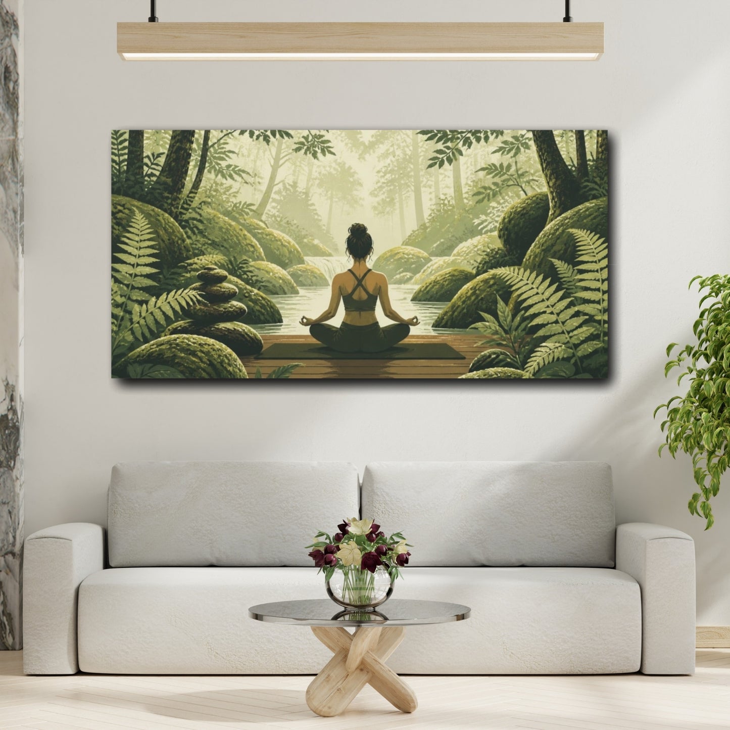 Mockup 2. Mossy Stream Yoga shown as canvas print