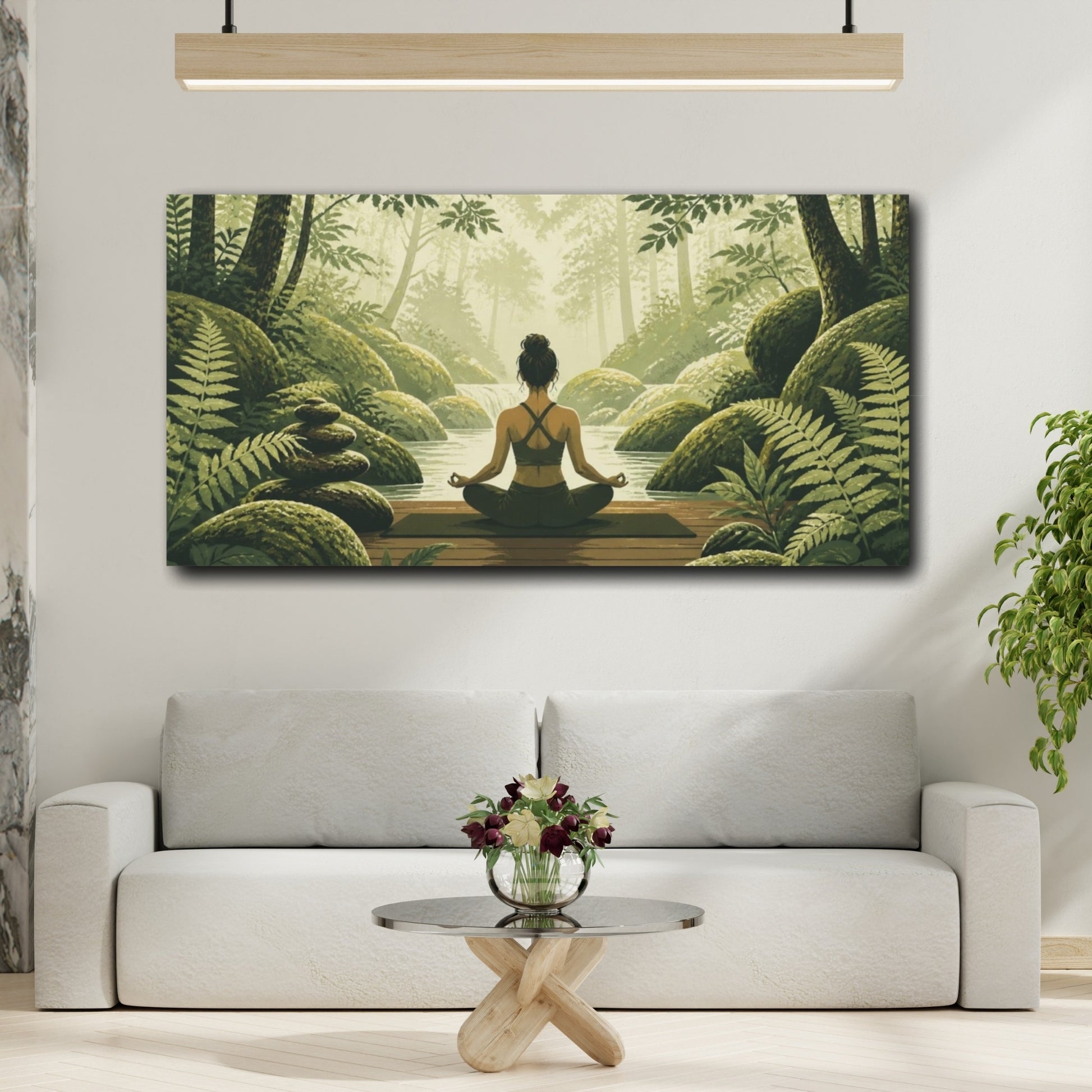 Mockup 2. Mossy Stream Yoga shown as canvas print