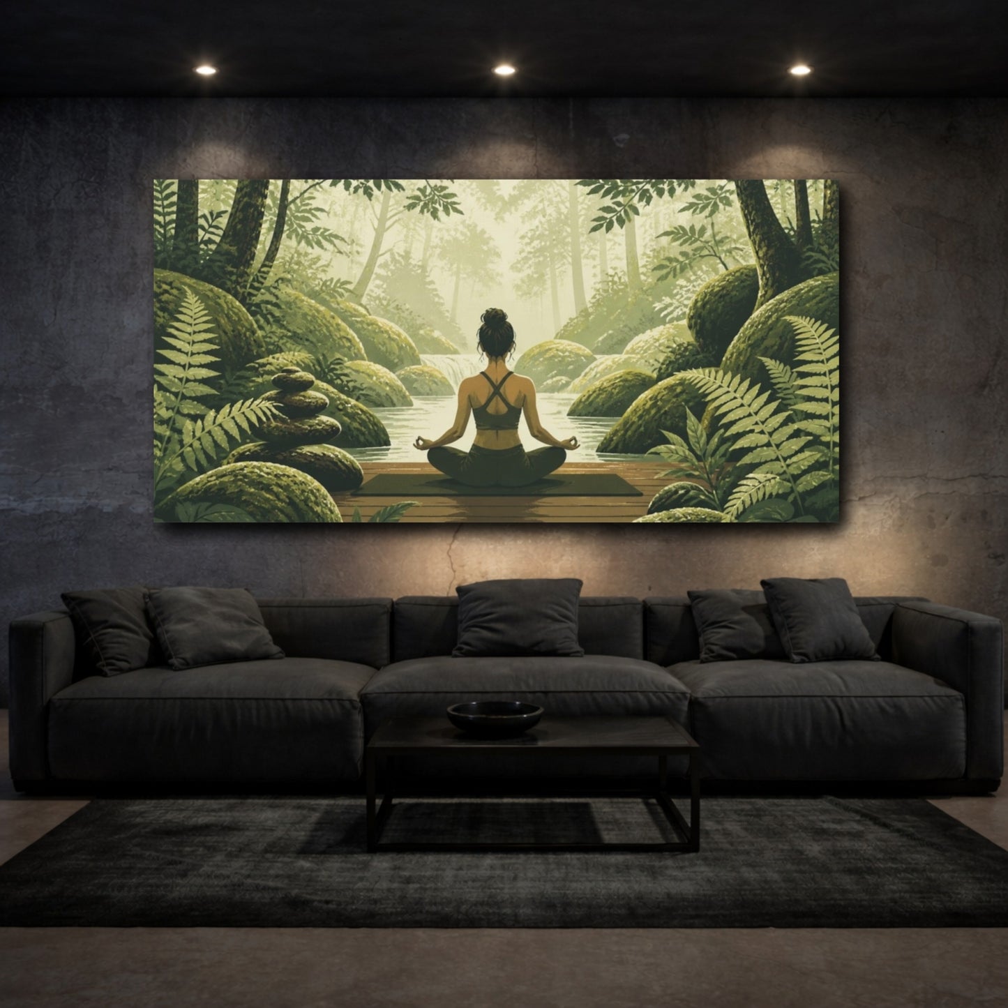 Mockup 3. Mossy Stream Yoga shown as canvas print