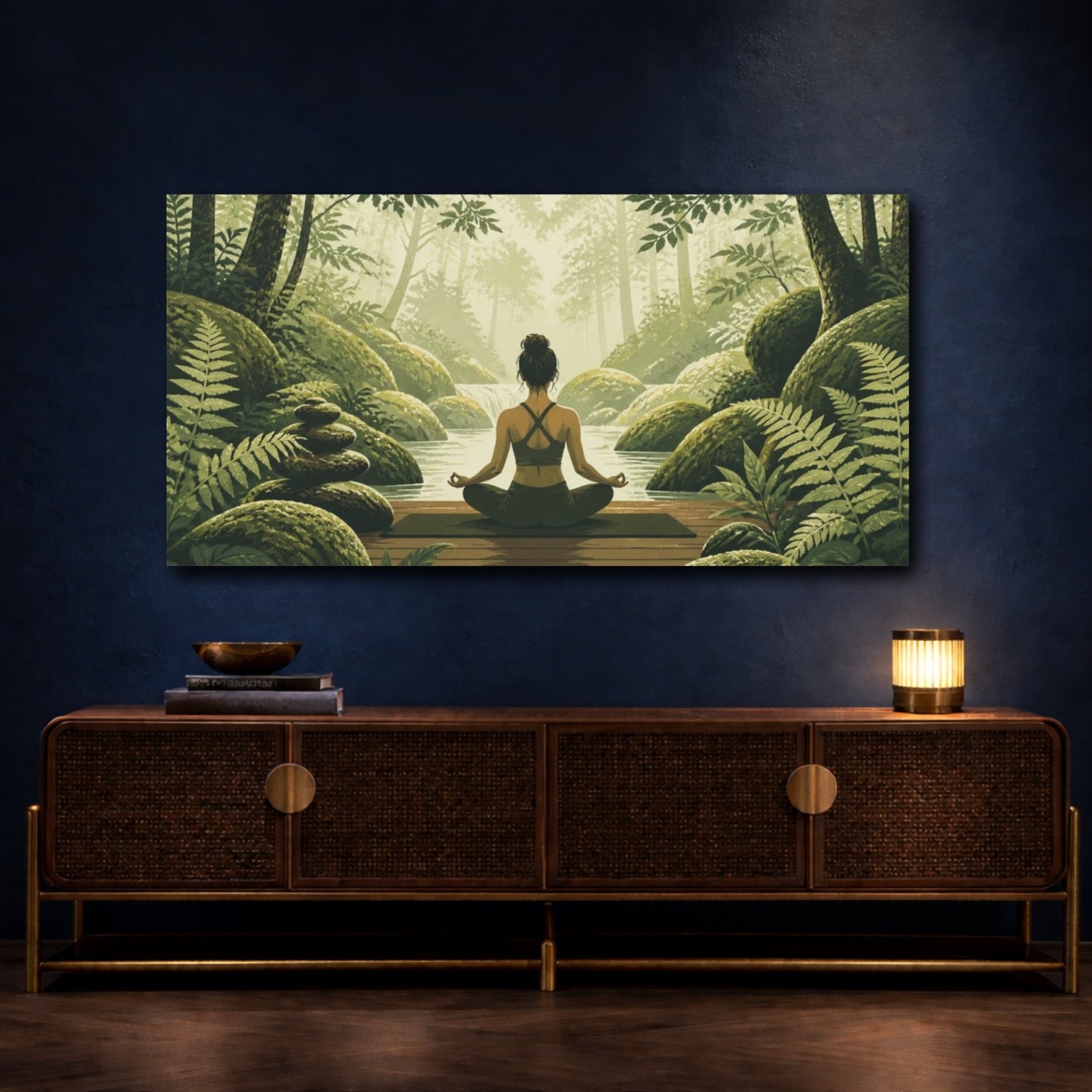 Mockup 4. Mossy Stream Yoga shown as canvas print