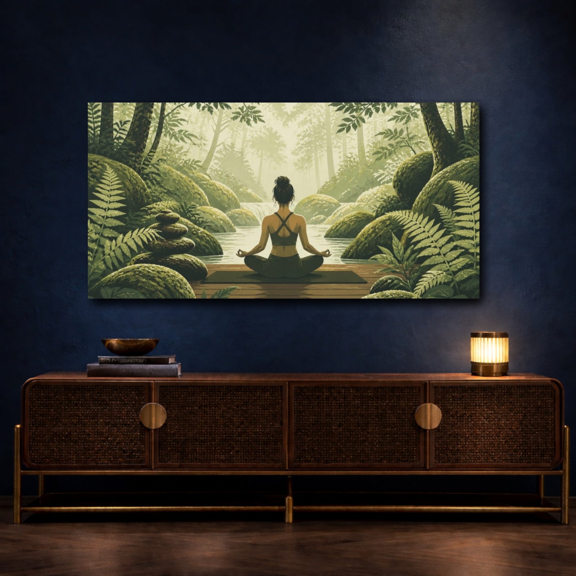Mockup 4. Mossy Stream Yoga shown as canvas print