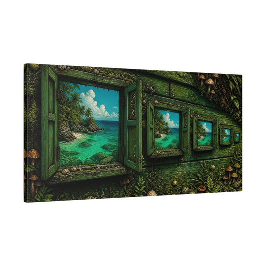 Main Mockup. Mossy Window To Turquoise Sea shown as canvas print