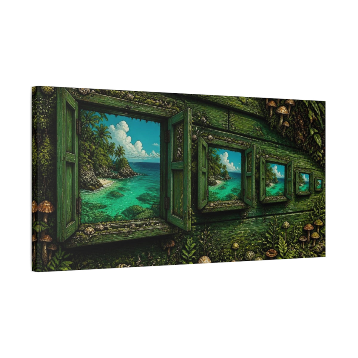 Side Mockup 1. Mossy Window To Turquoise Sea shown as canvas print