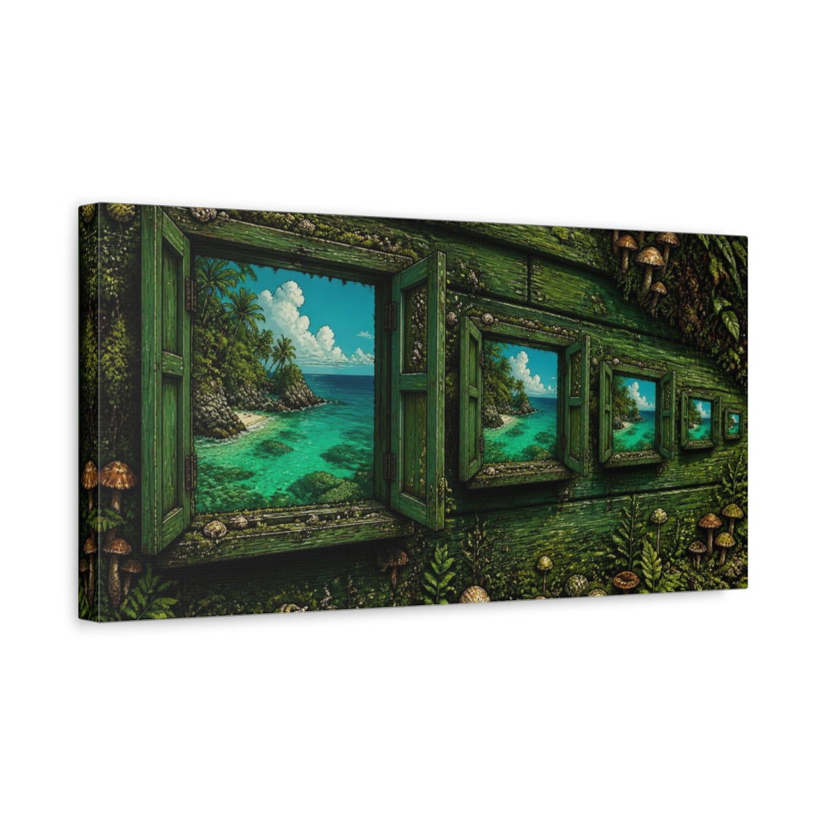 Side Mockup 3. Mossy Window To Turquoise Sea shown as canvas print