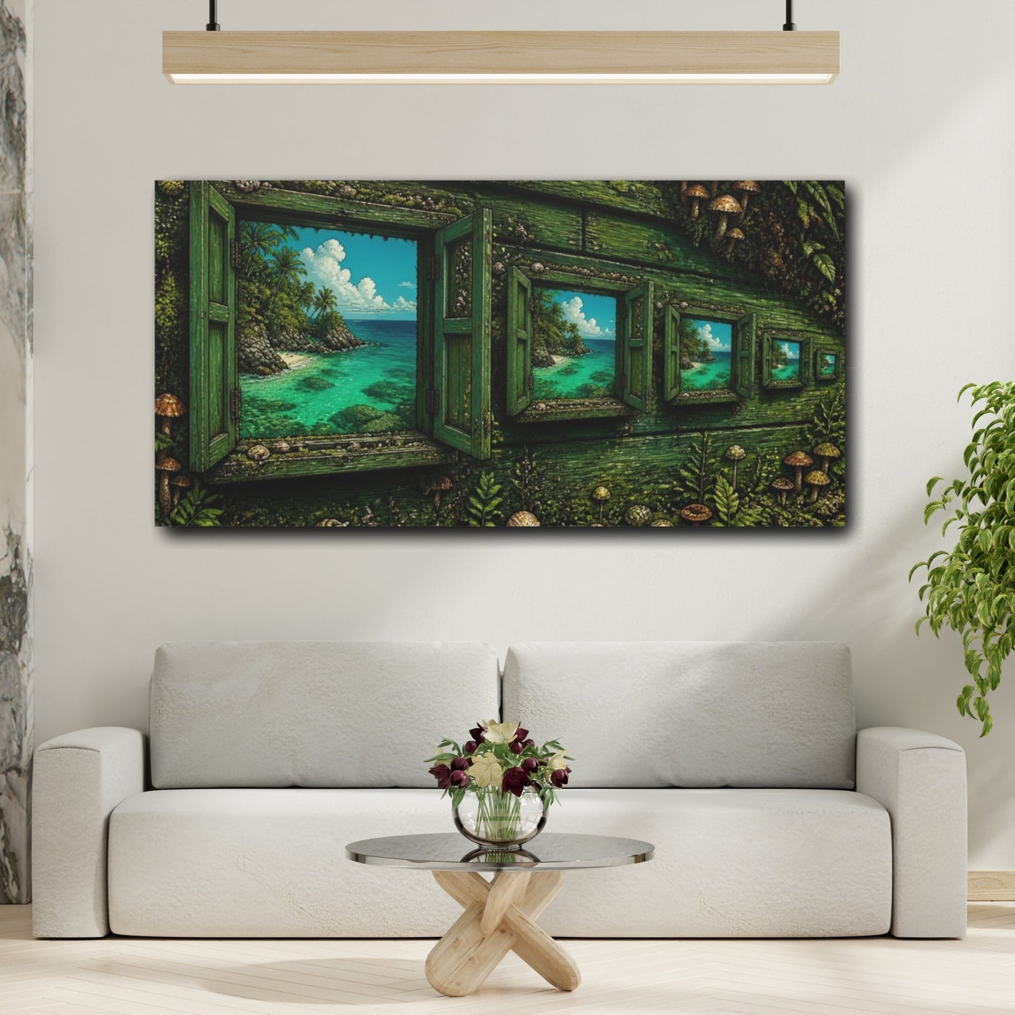 Mockup 2. Mossy Window To Turquoise Sea shown as canvas print
