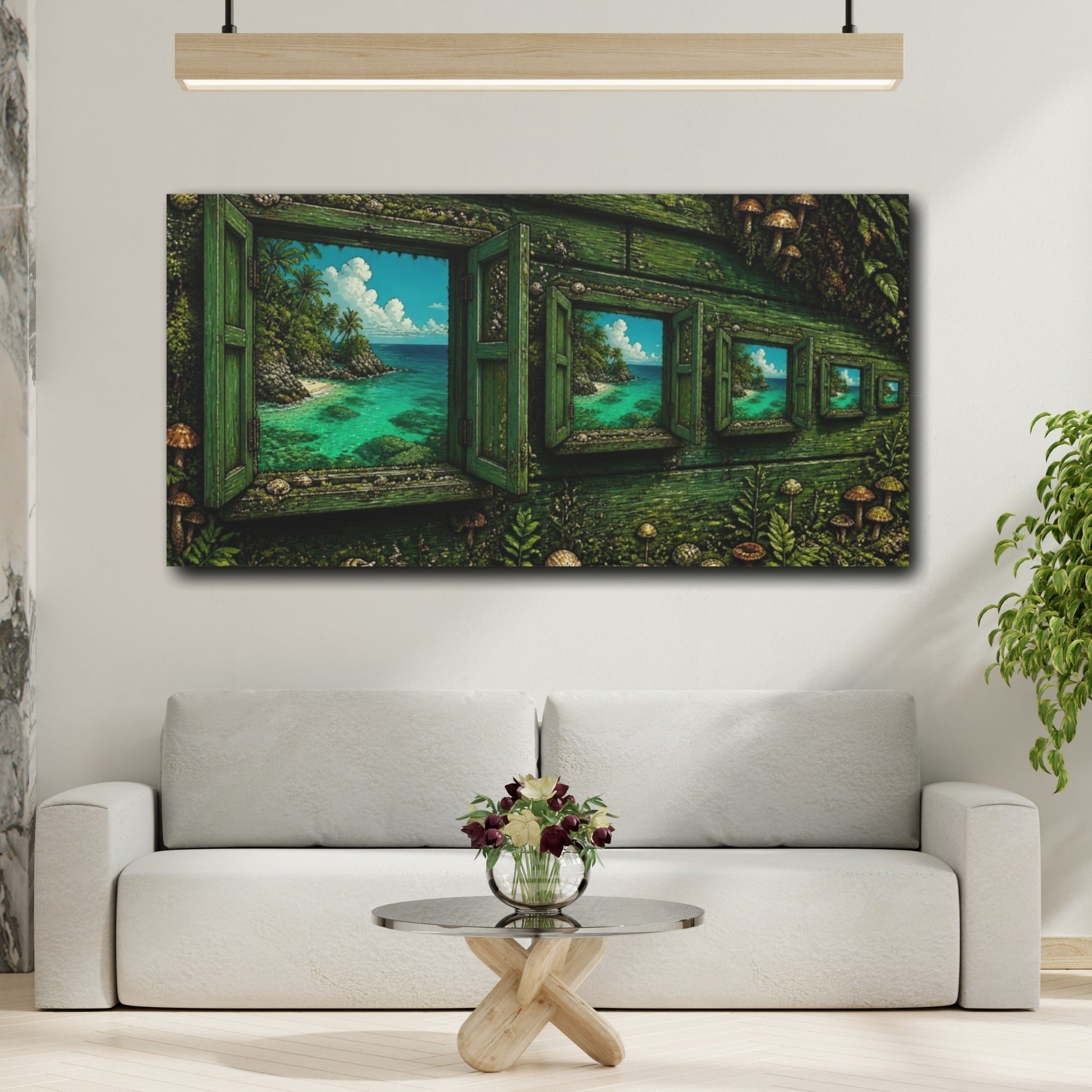 Mockup 2. Mossy Window To Turquoise Sea shown as canvas print