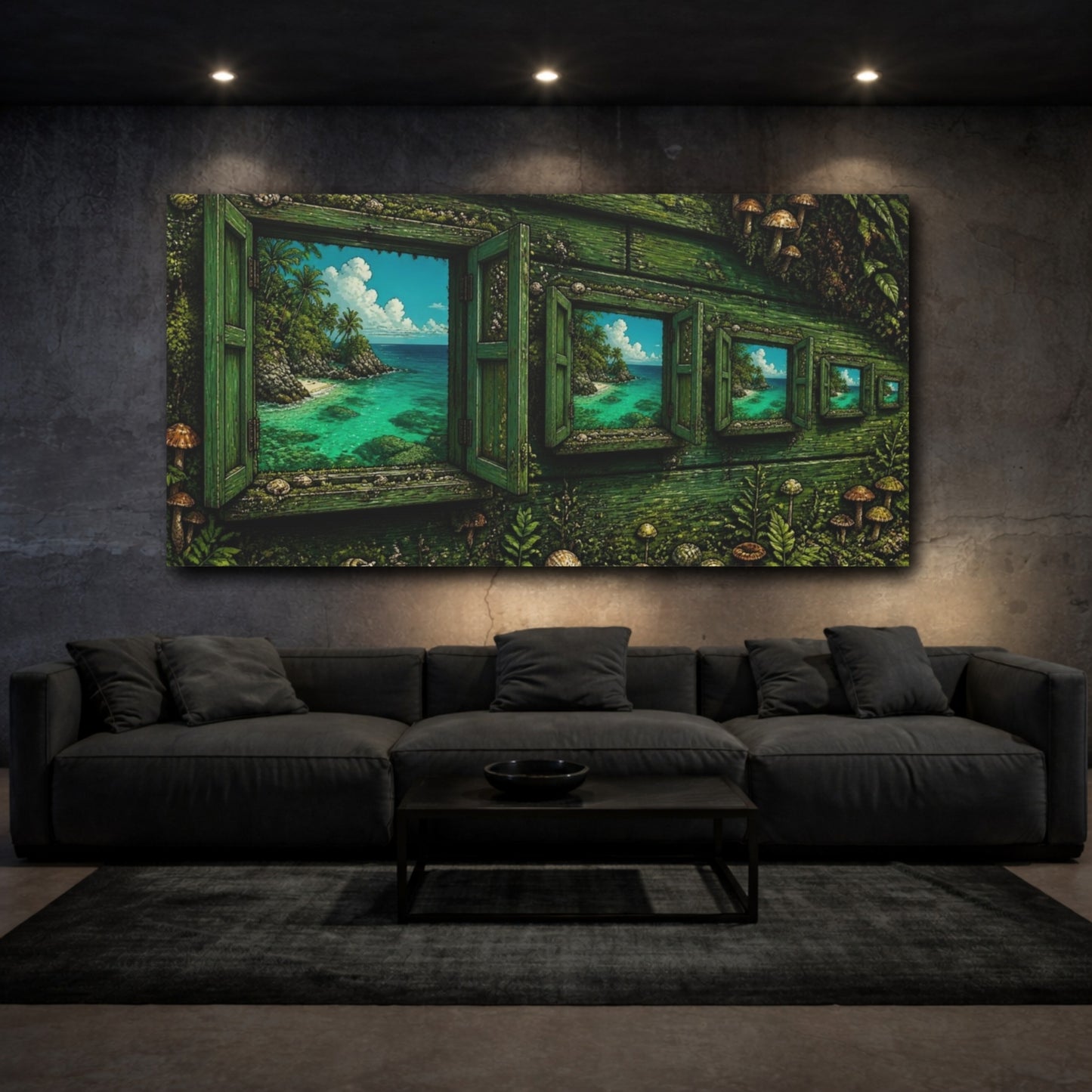 Mockup 3. Mossy Window To Turquoise Sea shown as canvas print