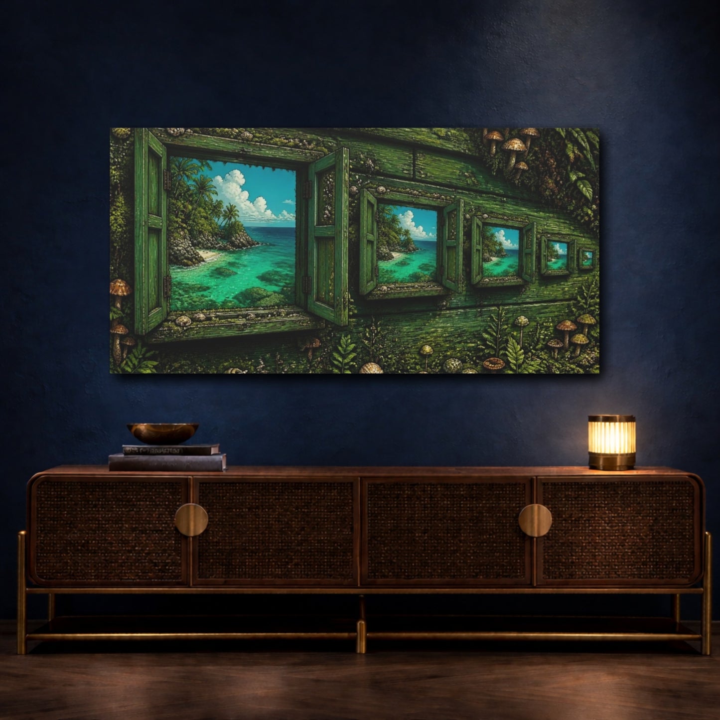 Mockup 4. Mossy Window To Turquoise Sea shown as canvas print