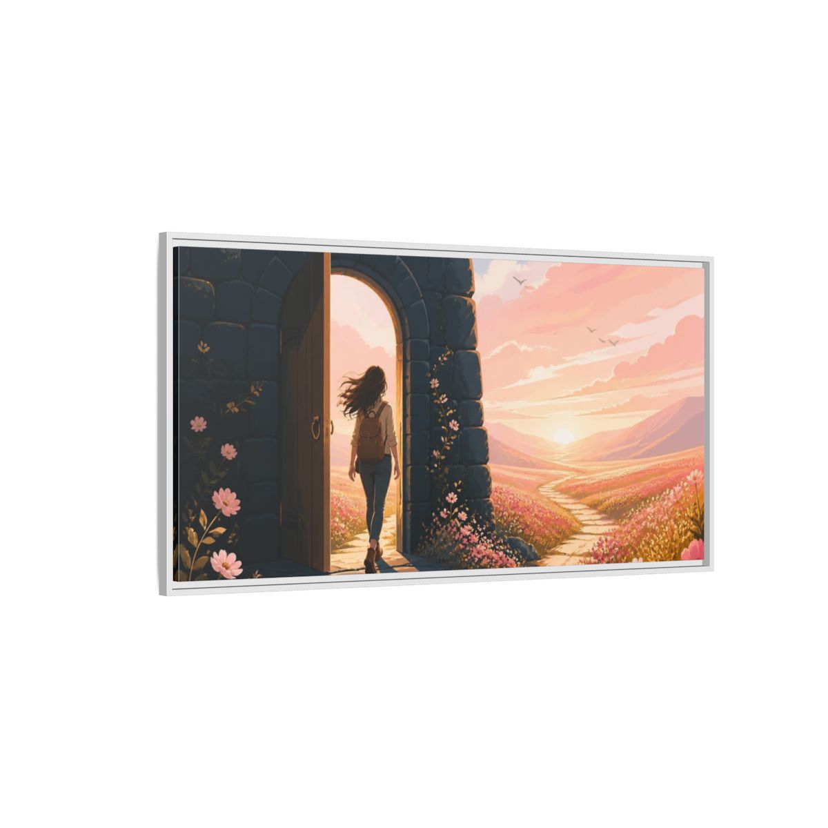 Side Mockup 3. Motivation: Doorway To Dawn shown as framed canvas print