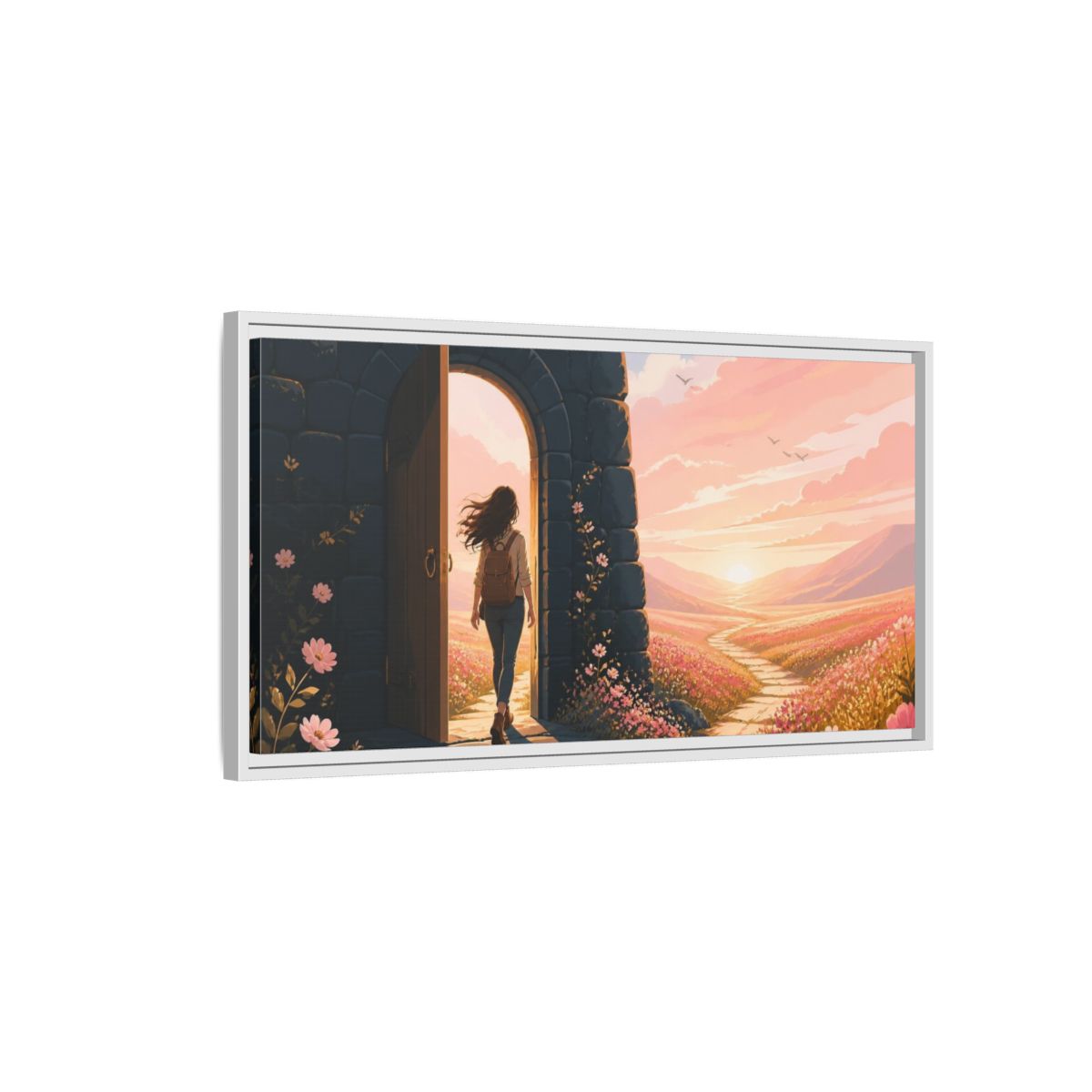 Side Mockup 1. Motivation: Doorway To Dawn shown as framed canvas print