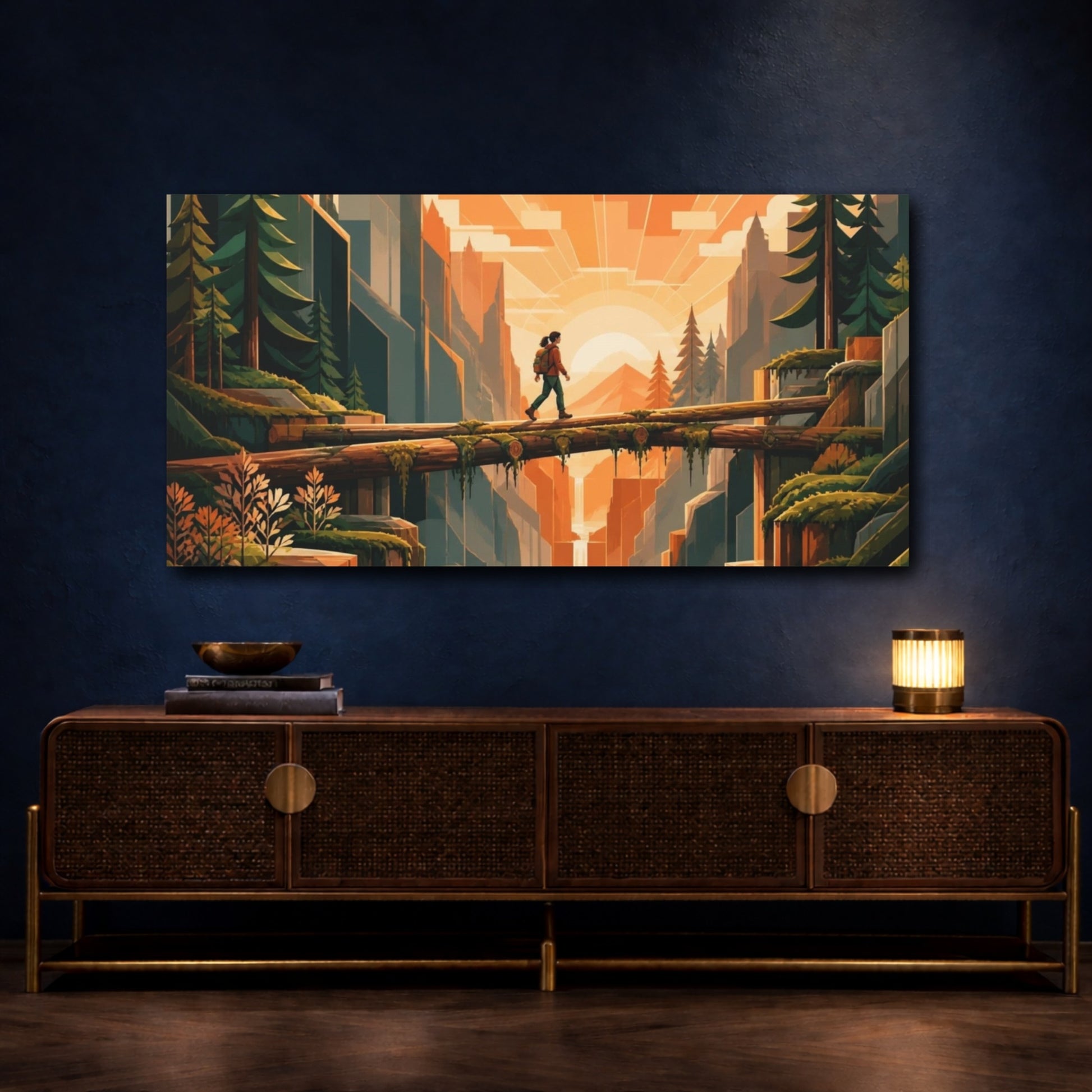 Mockup 4. Motivation: Hiker On Bridge shown as canvas print
