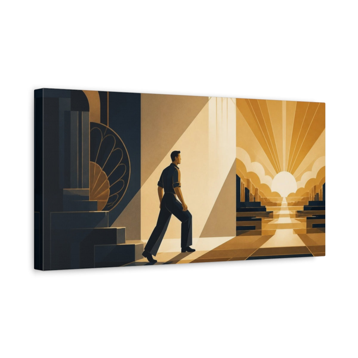Side Mockup 3. Motivation: Man At Sunrise shown as canvas print