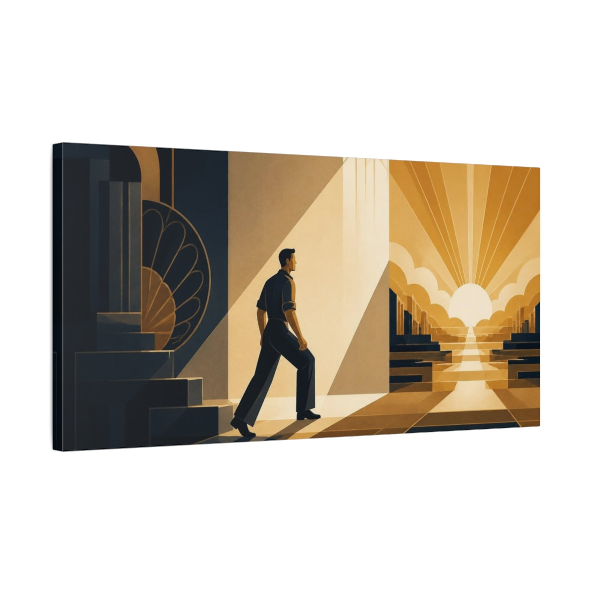Side Mockup 1. Motivation: Man At Sunrise shown as canvas print