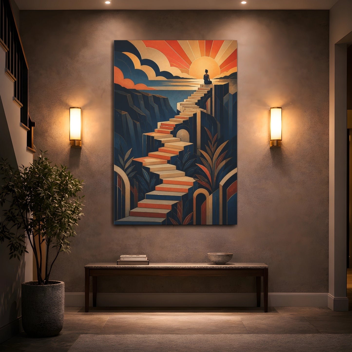 Mockup 2. Motivation Motivational Stairway Sunrise shown as canvas print