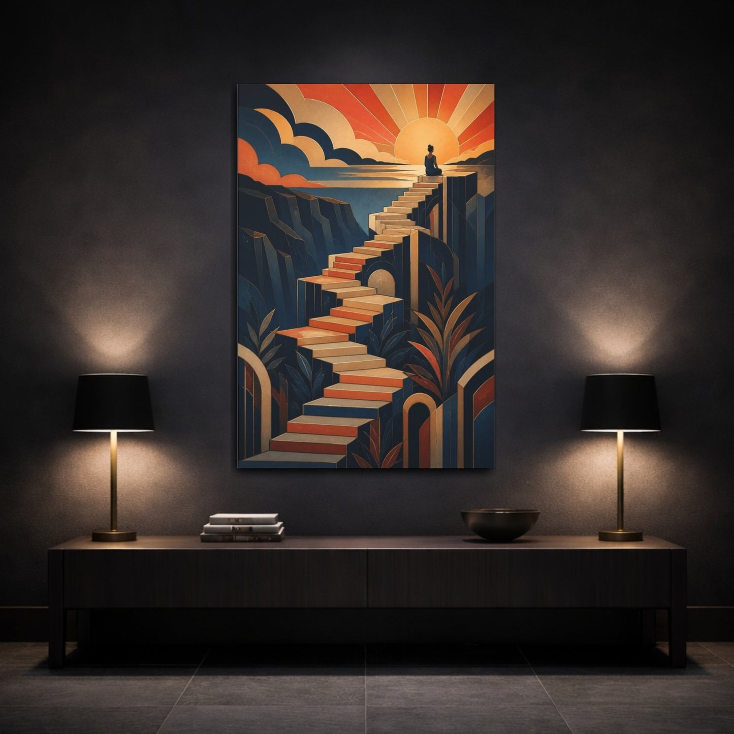 Mockup 3. Motivation Motivational Stairway Sunrise shown as canvas print