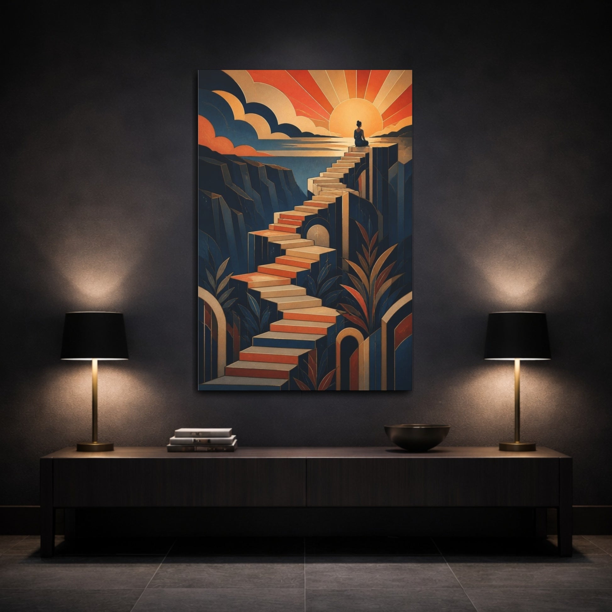 Mockup 3. Motivation Motivational Stairway Sunrise shown as canvas print