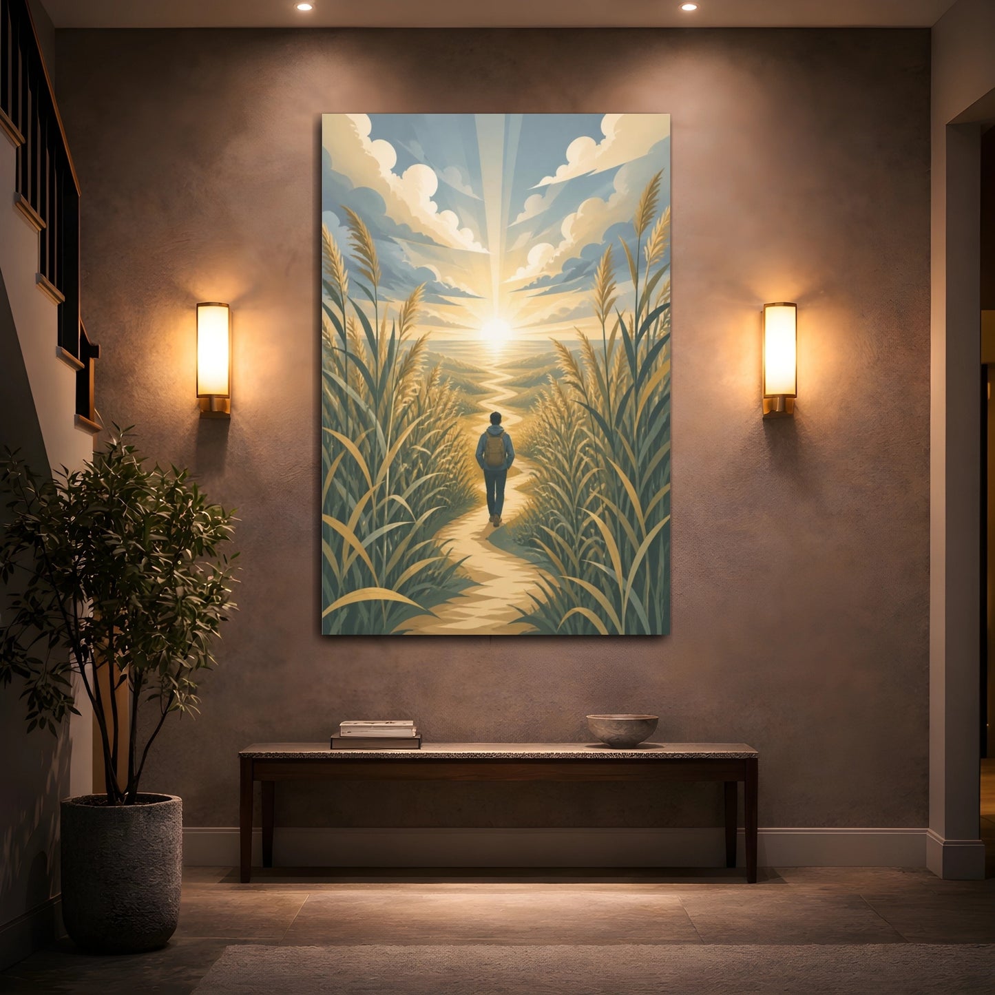 Mockup 2. Motivation Motivational Sunrise Hiker shown as canvas print