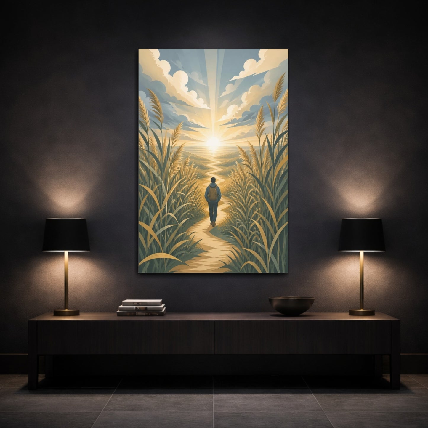 Mockup 3. Motivation Motivational Sunrise Hiker shown as canvas print