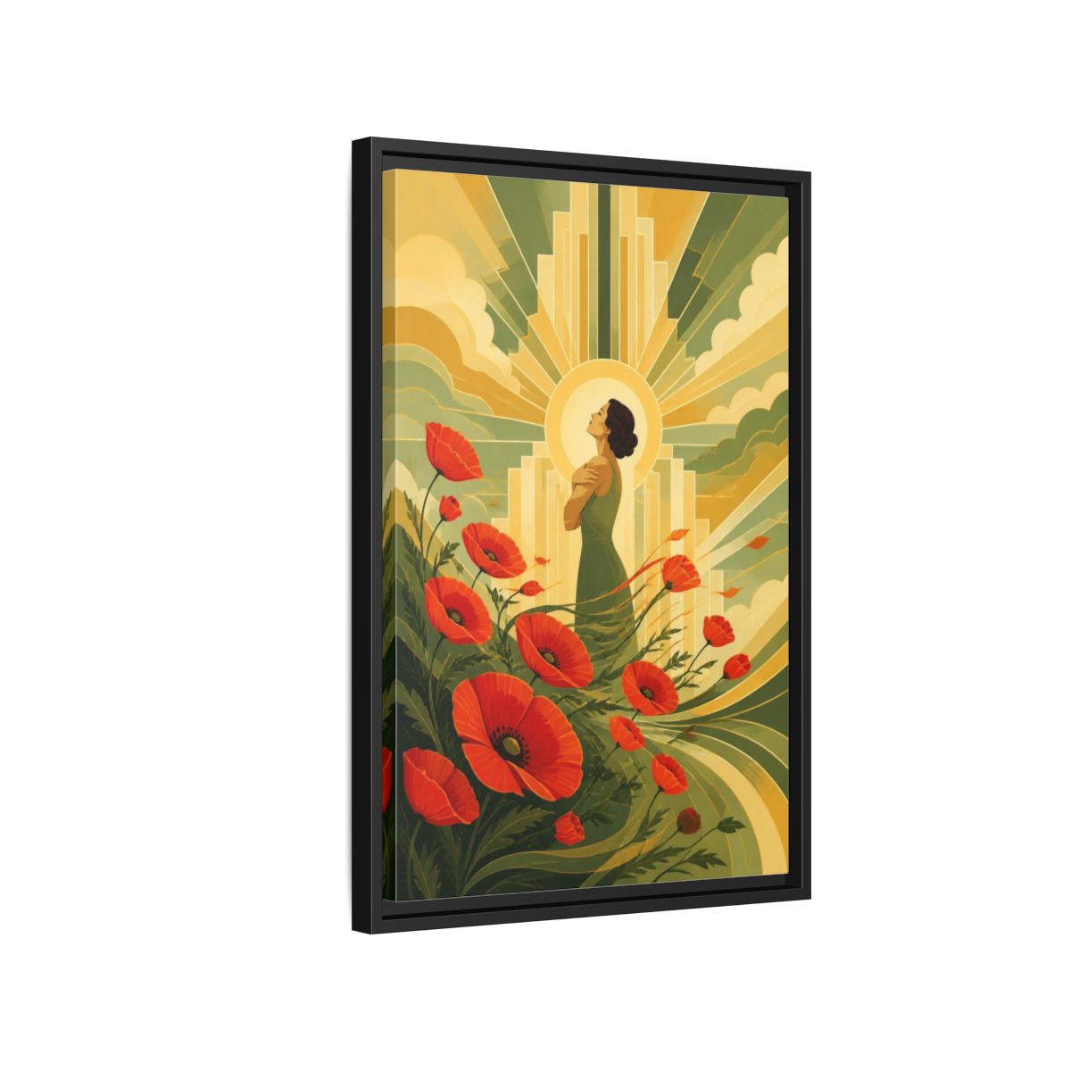Side Mockup 3. Motivation Poppy Woman shown as framed canvas print