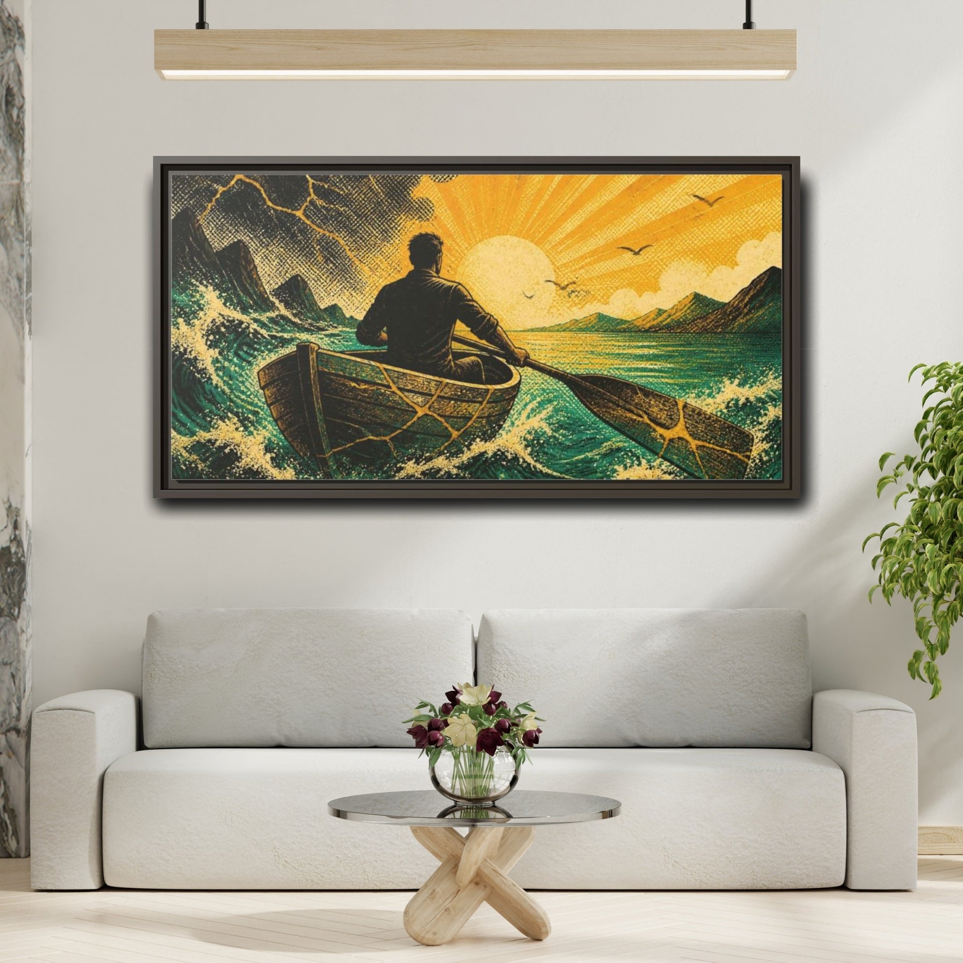 Mockup 2. Motivation Rower Sunrise shown as framed canvas print