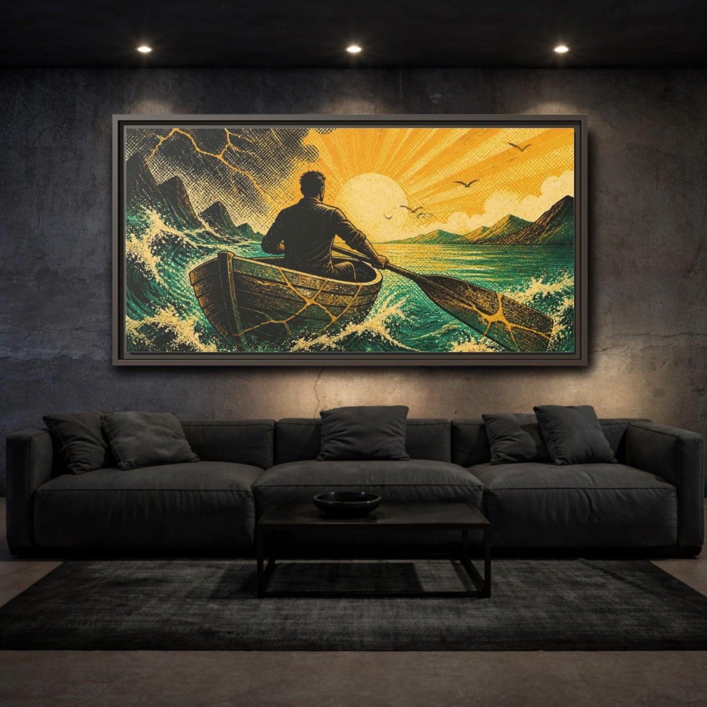 Mockup 3. Motivation Rower Sunrise shown as framed canvas print
