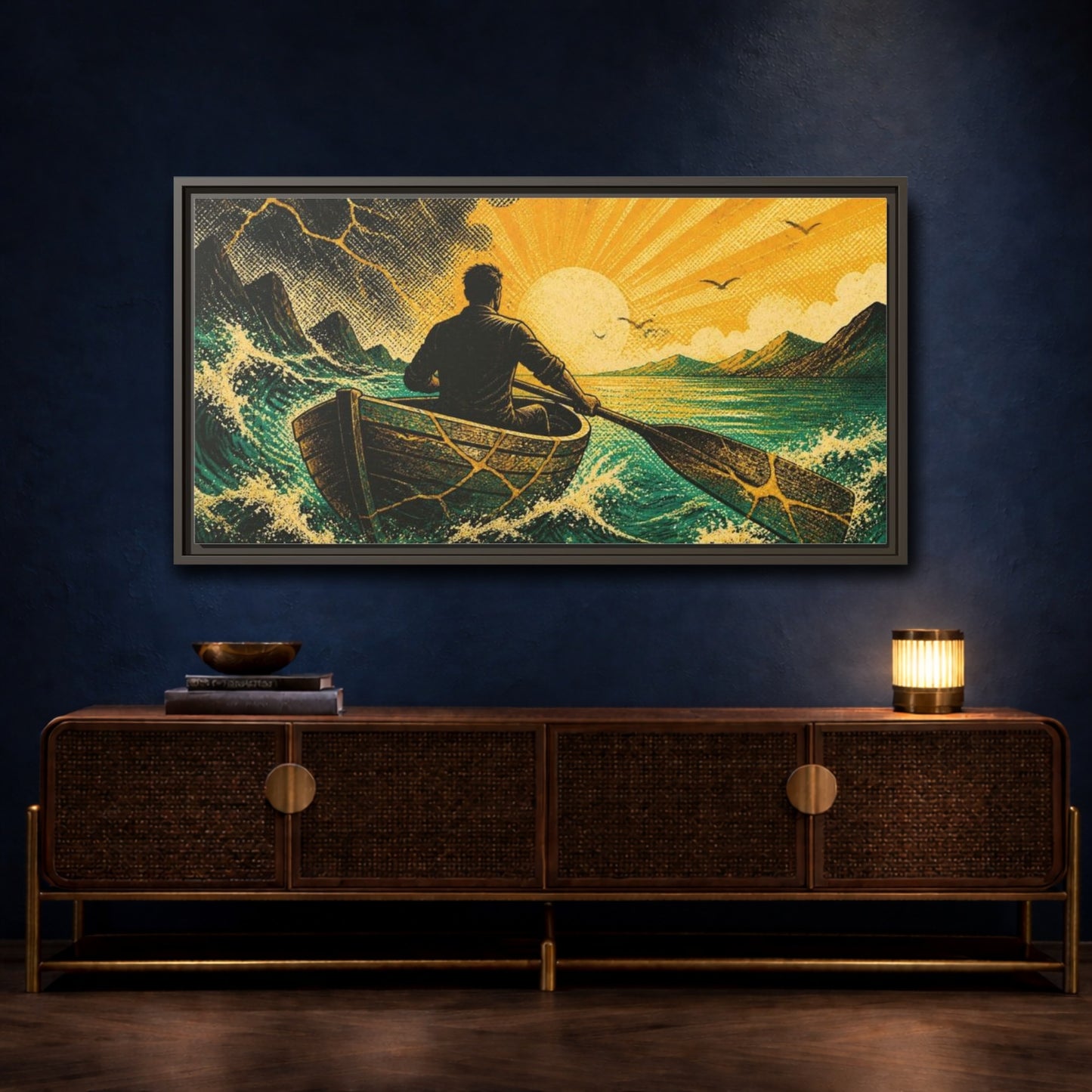 Mockup 4. Motivation Rower Sunrise shown as framed canvas print