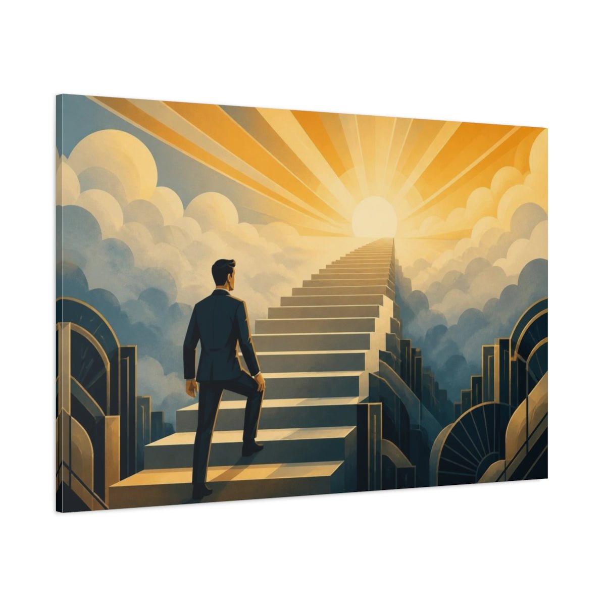 Motivation Staircase To Sunrise Canvas Print – Office, Above Desk, Gold And Slate-Blue - YesArtYes