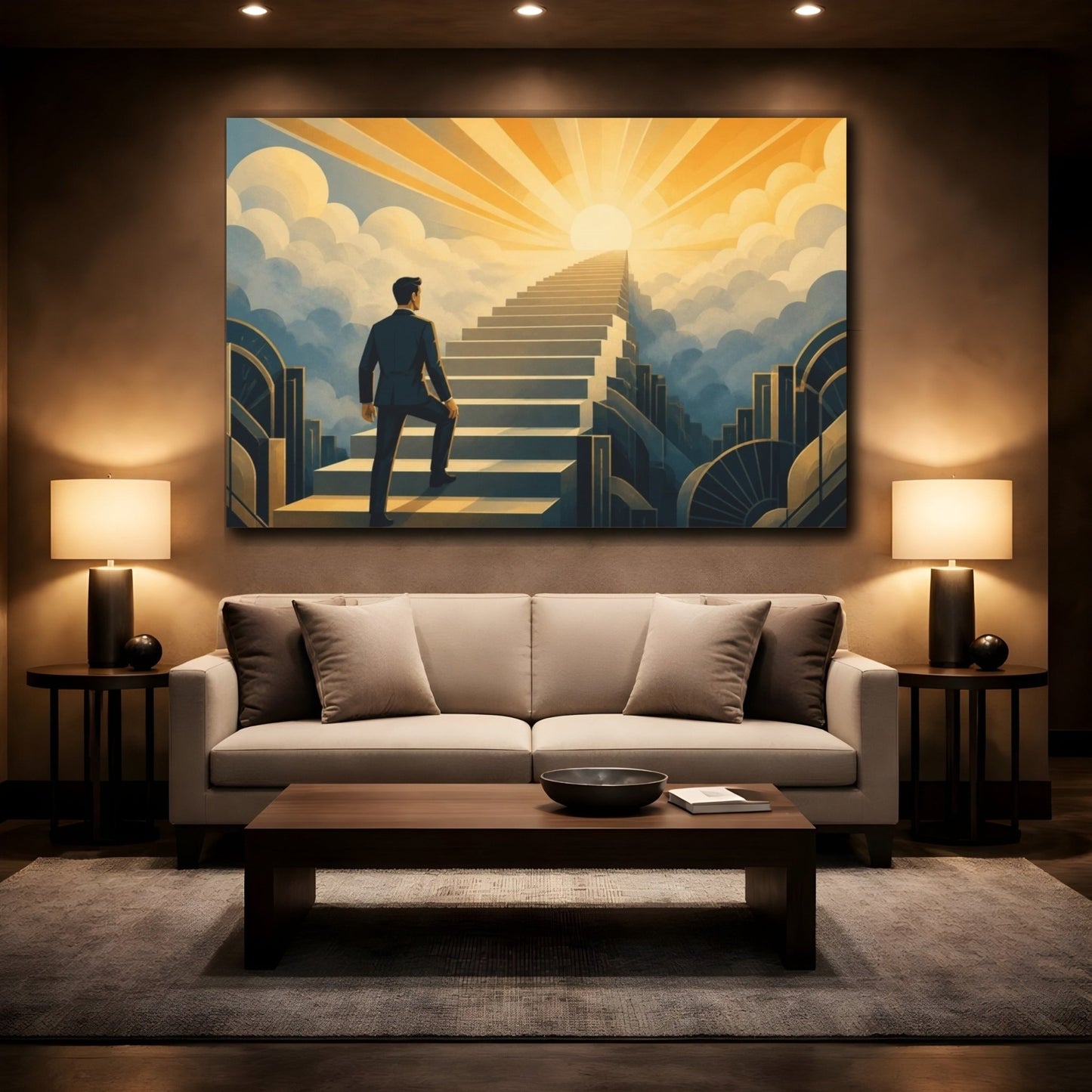 Motivation Staircase To Sunrise Canvas Print – Office, Above Desk, Gold And Slate-Blue - YesArtYes